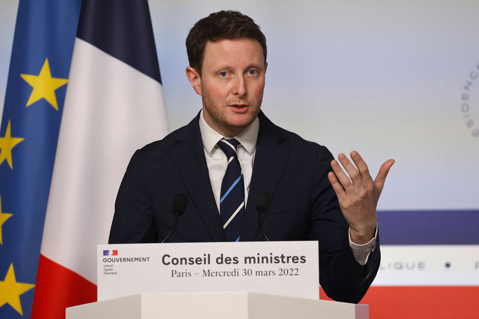 France’s European Affairs Minister Clement Beaune speaks during a press conference in Paris on March 30. 