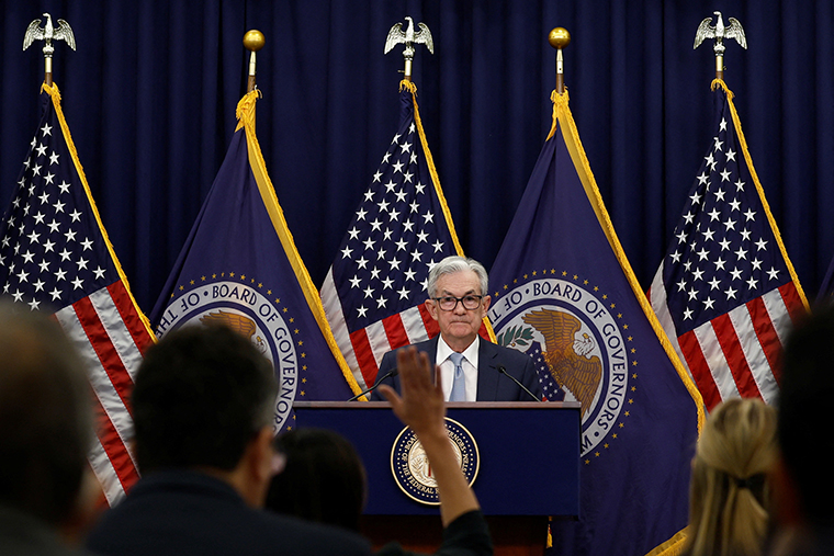 Federal Reserve Board Chairman Jerome Powell holding a news conference following the announcement that the Federal Reserve raised interest rates by half a percentage point, at the Federal Reserve Building in Washington, today.