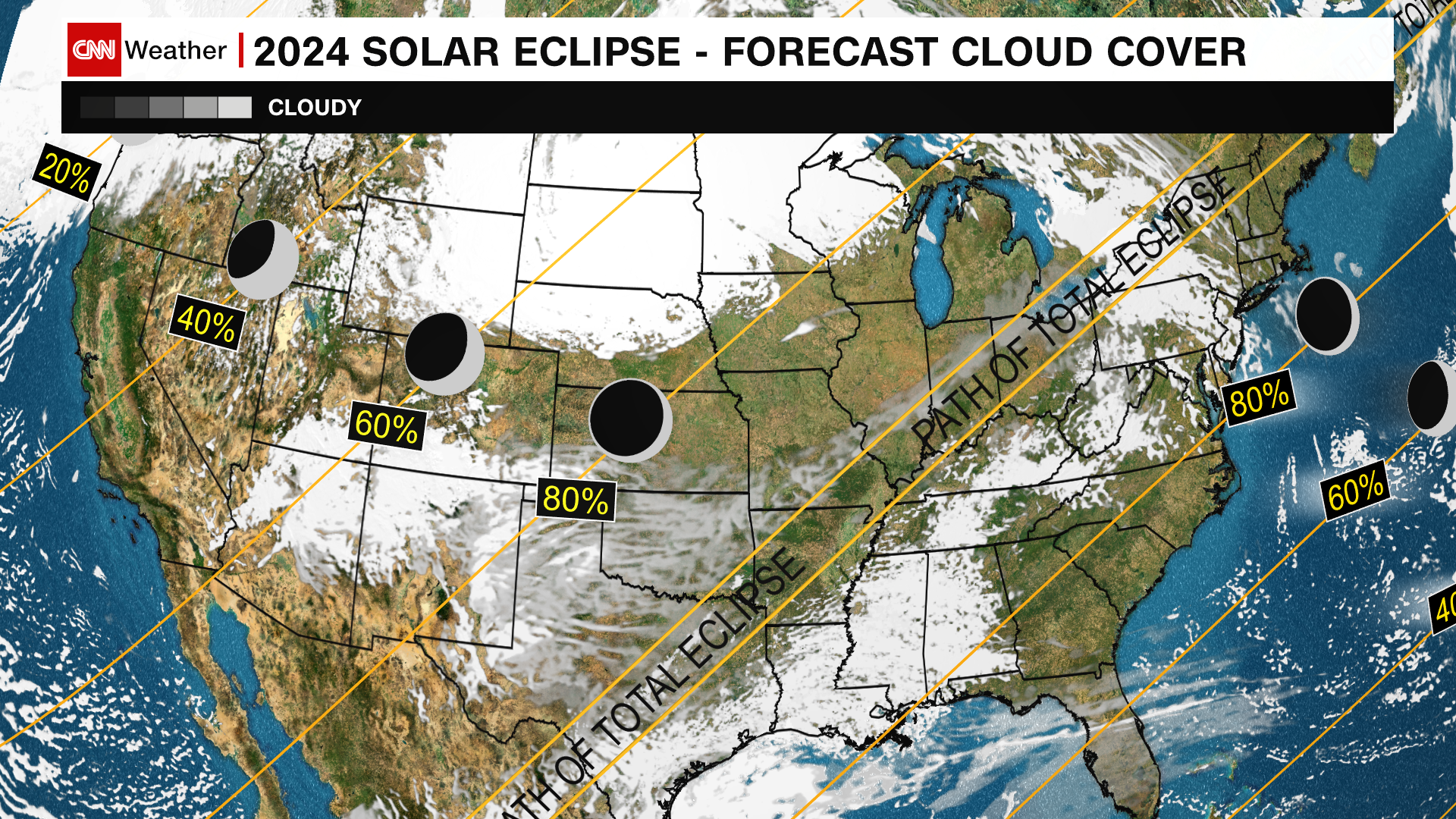 One forecast model's depiction of cloud cover during the eclipse. Exact levels of cloudiness could change slightly at the time of the eclipse. 