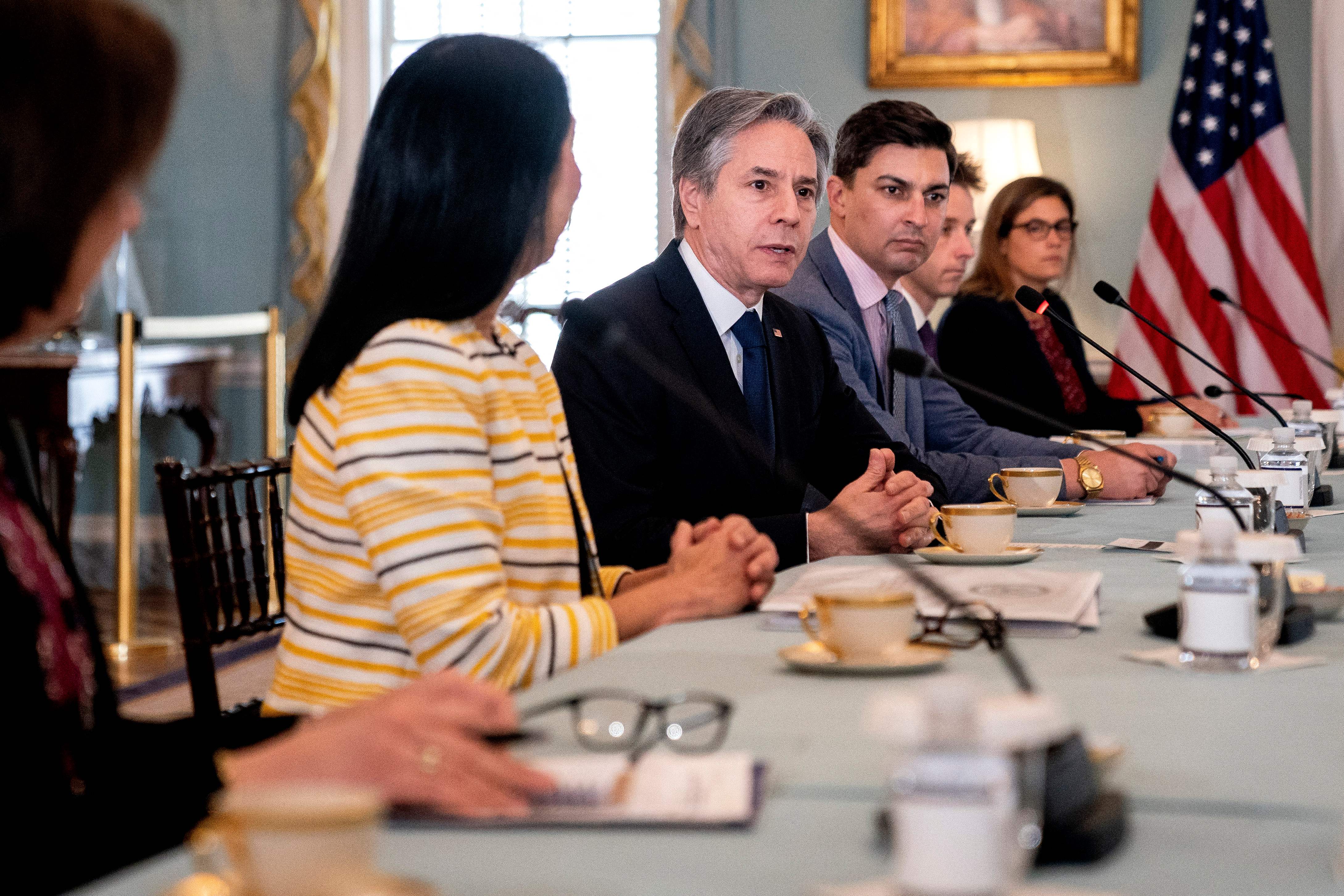 US Secretary of State Antony Blinken, center, during a meeting with Filippo Grandi, United Nations High Commissioner for Refugees, at the State Department in Washington, DC, on April 12. 