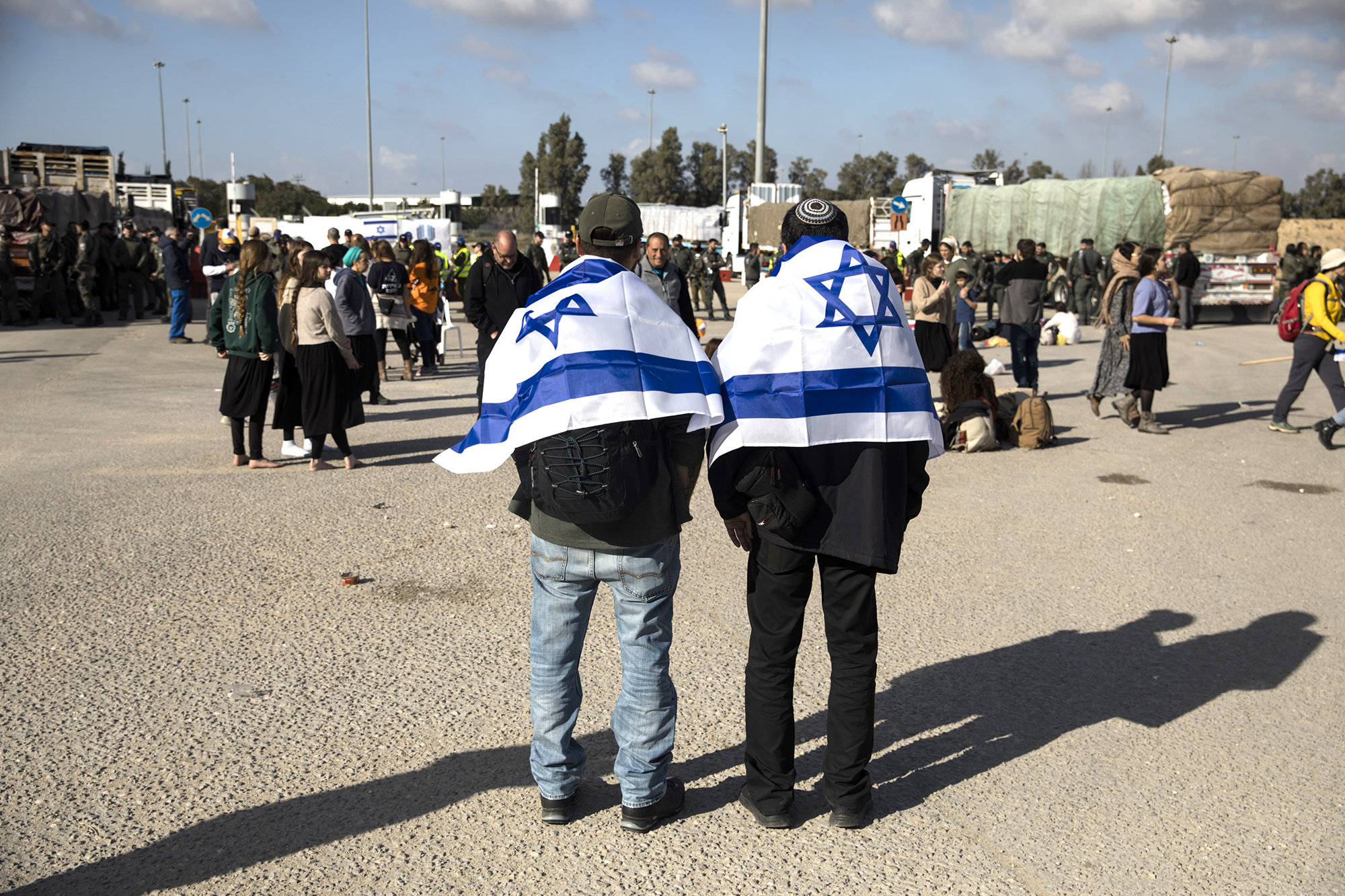 Protesters block humanitarian aid due to enter Gaza on February 6, in Kerem Shalom, Israel.