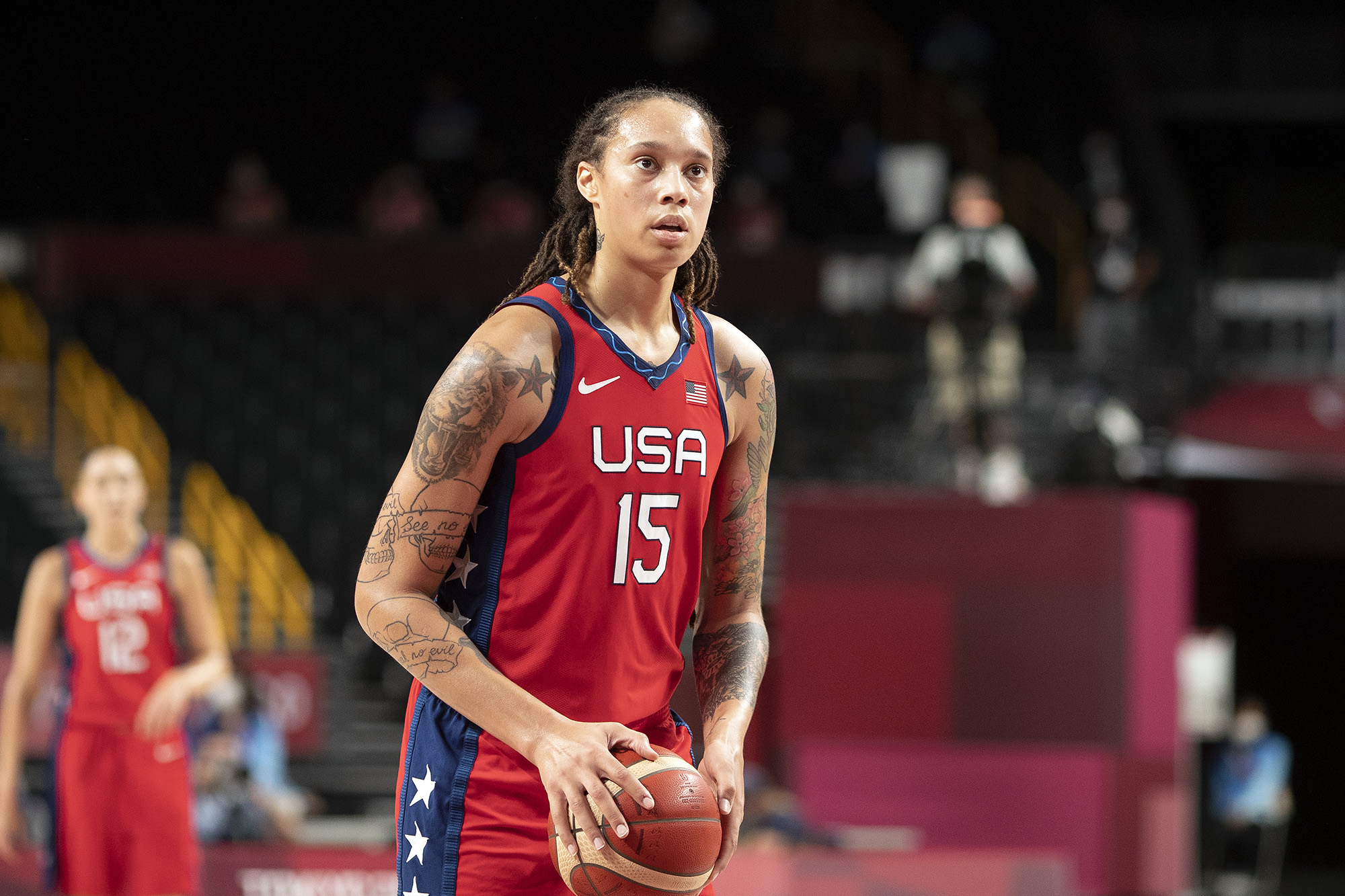 Brittney Griner #15 of the United States in action during the Tokyo 2020 Summer Olympic Games on August 4, in Tokyo, Japan