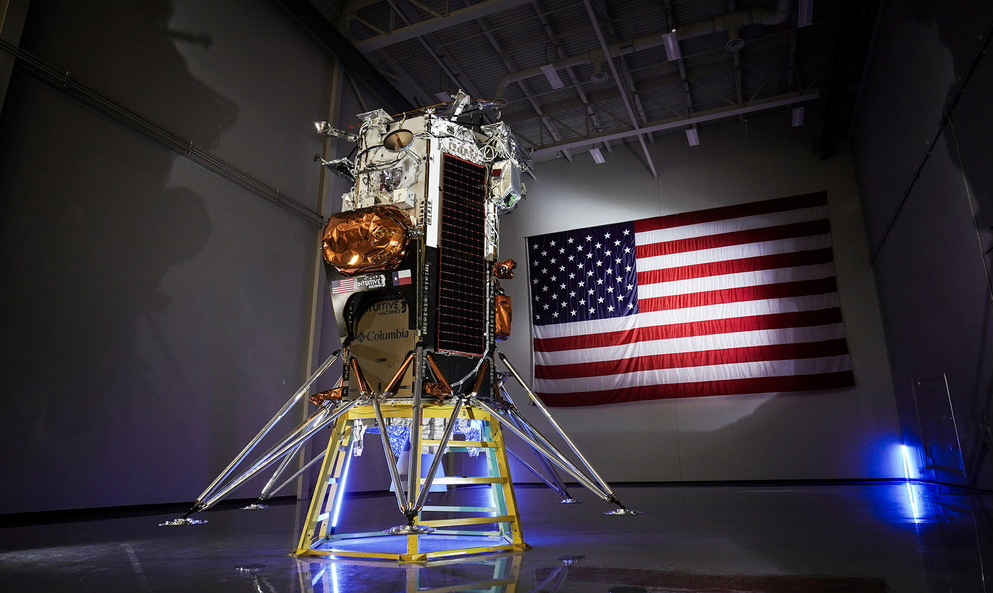 Intuitive Machines shows the company's IM-1 Nova-C lunar lander, in Houston, in October 2023. 