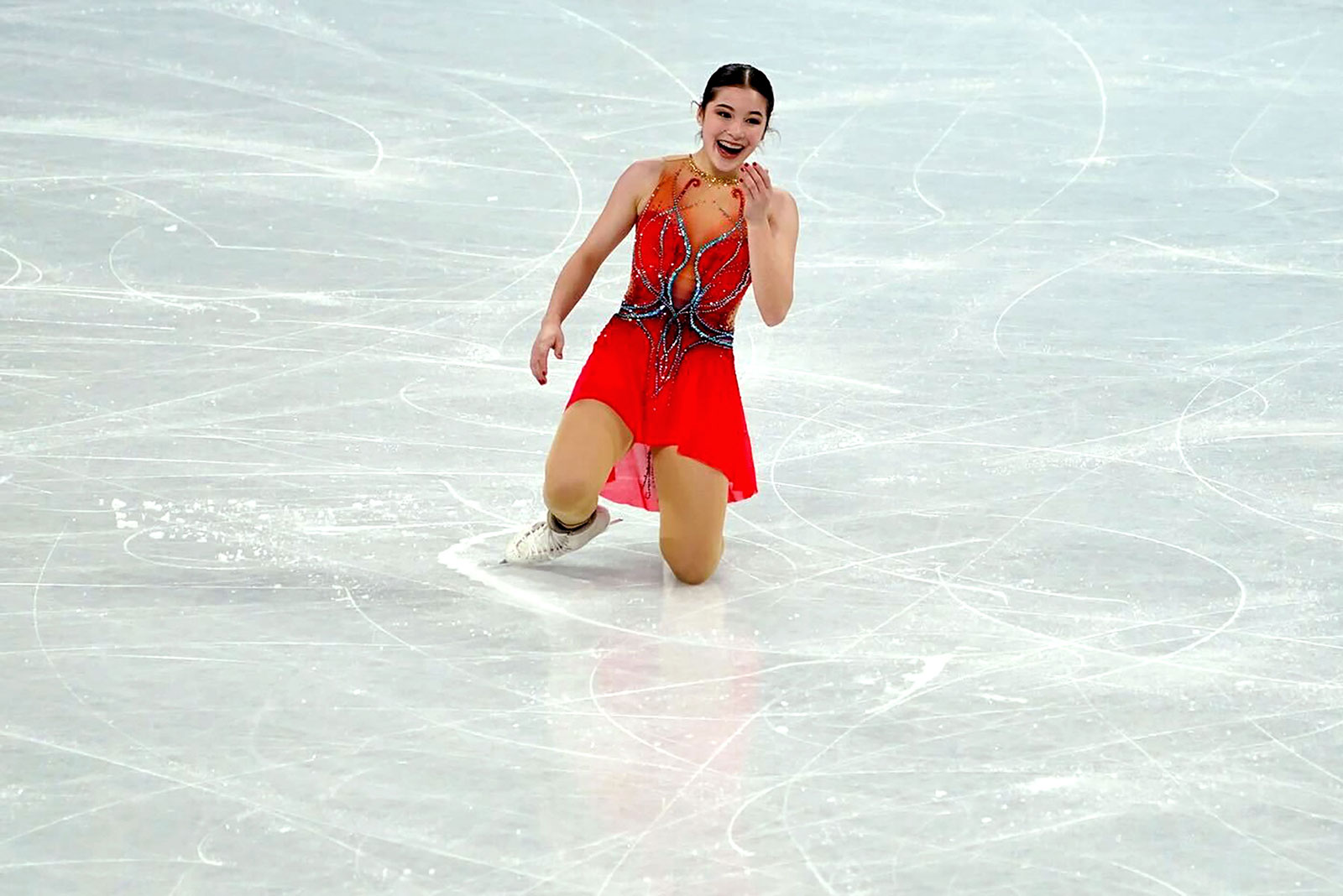 Team USA's Alysa Liu celebrates after her performance.