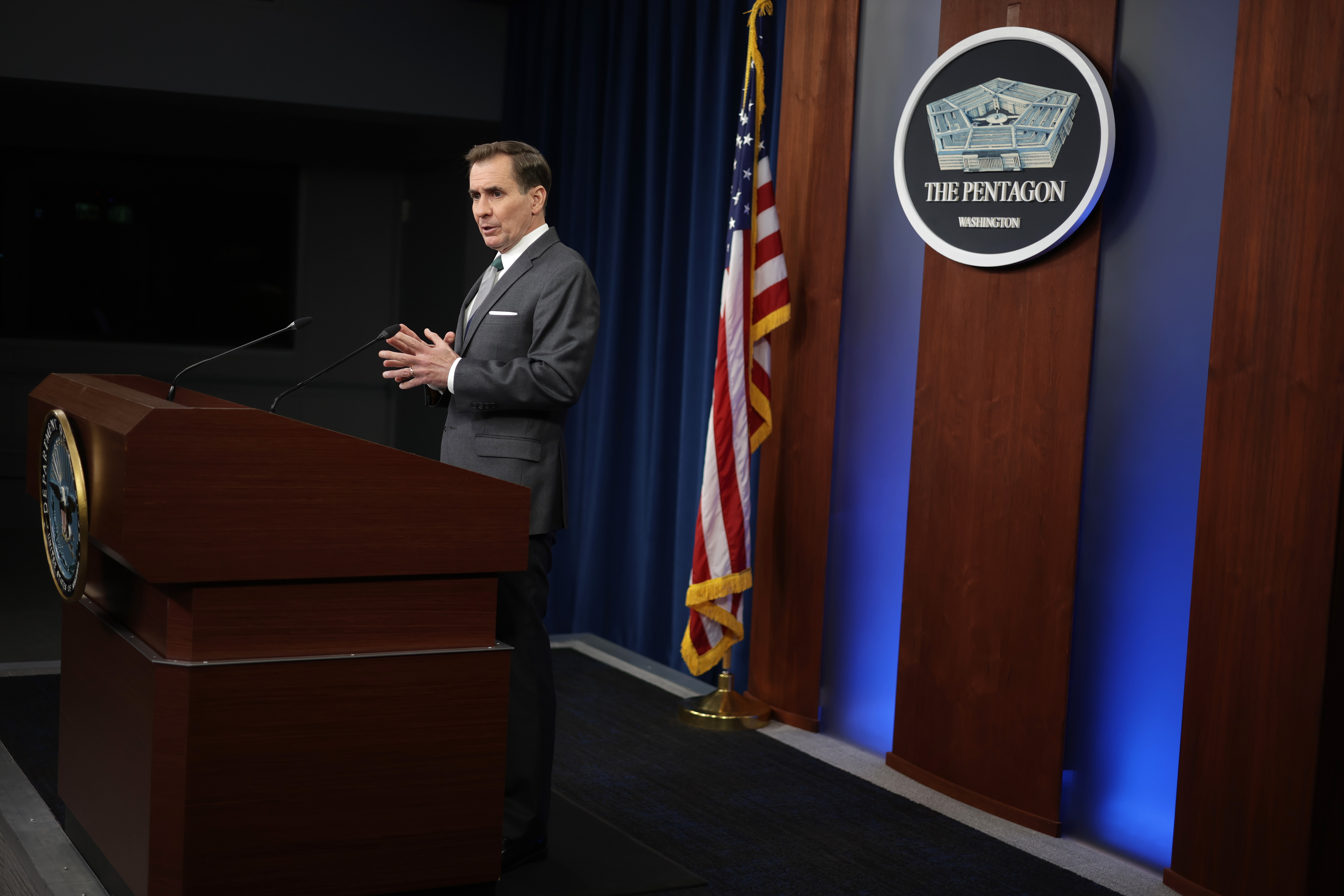 Pentagon spokesperson John Kirby speaks during a news briefing in Arlington, Virginia, on Friday.