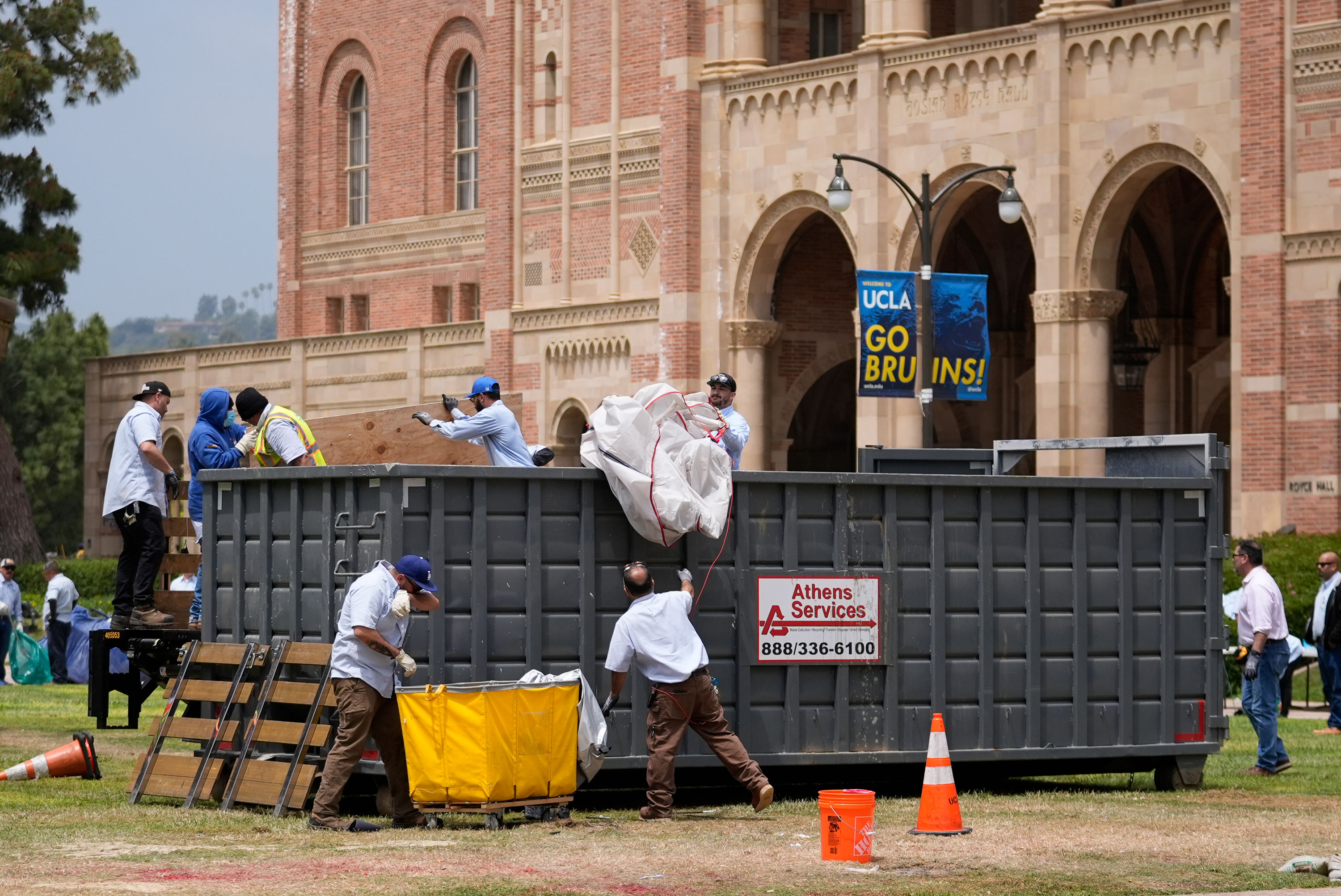 Items are removed from the site of a pro-Palestinian encampment on the UCLA campus in Los Angeles on May 2, after it was cleared by police. 