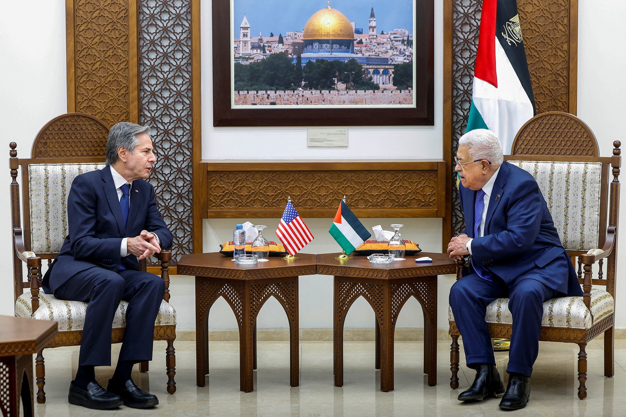 U.S. Secretary of State Antony Blinken, left, meets with Palestinian Authority President Mahmoud Abbas in the Muqata'a, Ramallah, in the Israeli-occupied West Bank, on January 10.