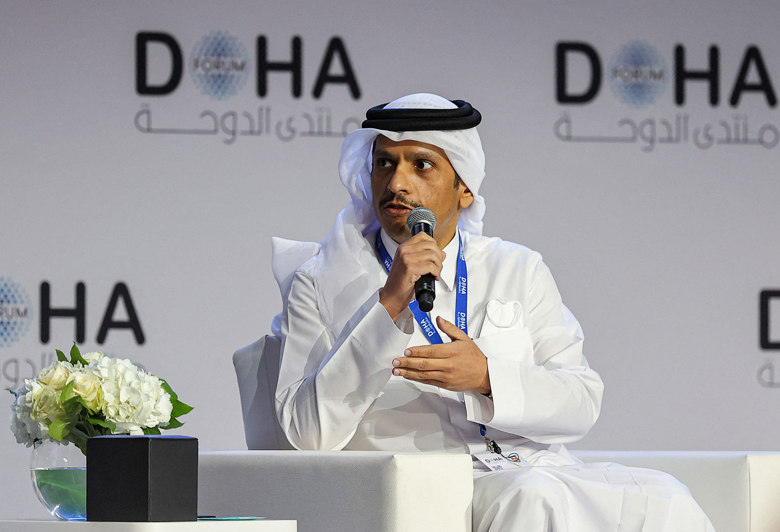 Qatar's Minister of Foreign Affairs Sheikh Mohammed bin Abdulrahman Al-Thani speaks during the Doha Forum in Qatar's capital on March 26. 