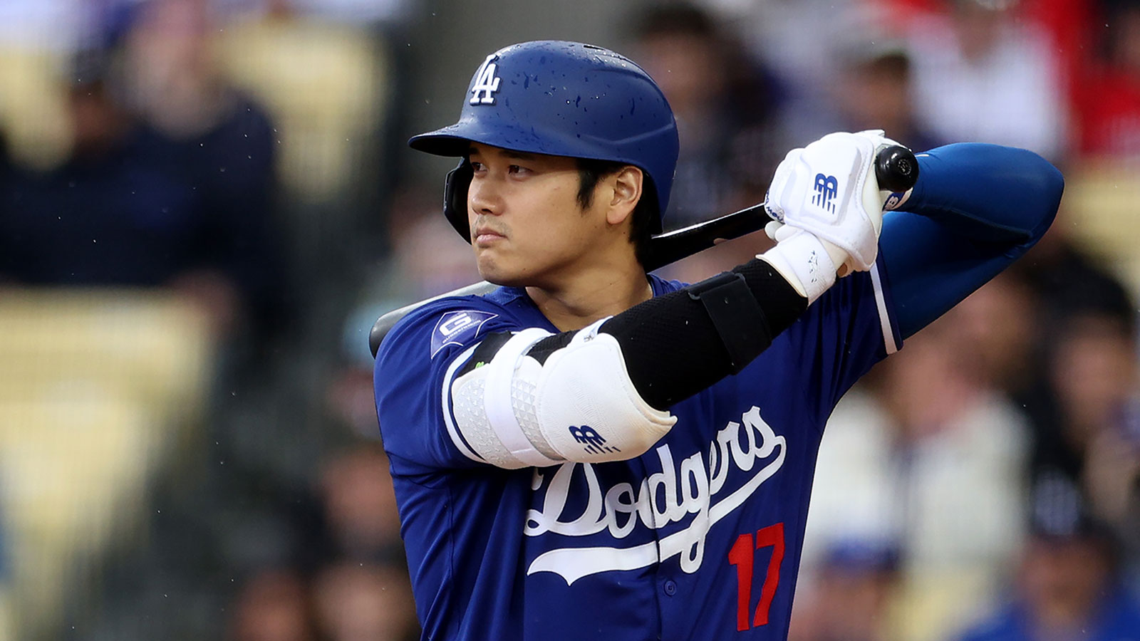 Ohtani at bat during a preseason game against the Los Angeles Angels at Dodger Stadium on Sunday, March 24, in Los Angeles.