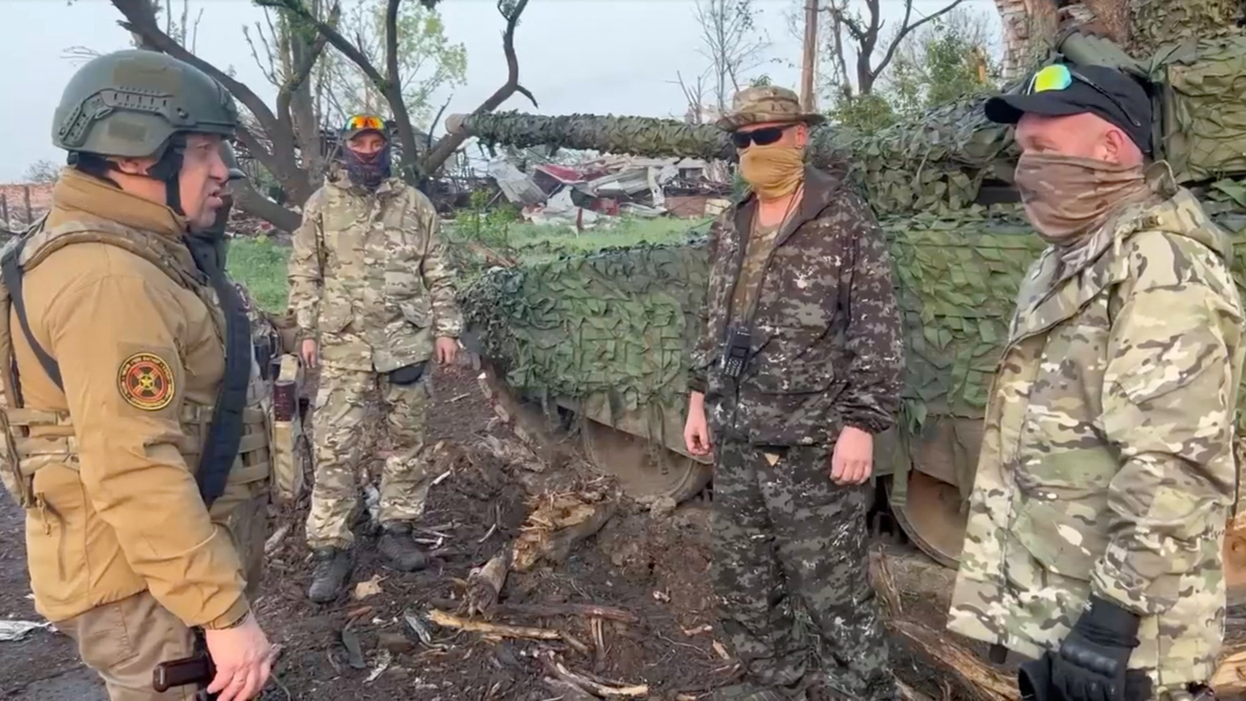 Founder of Wagner private mercenary group Yevgeny Prigozhin talks to Wagner fighters in the course of Russia-Ukraine conflict in Bakhmut, Ukraine, in this still image taken from video released on May 25, 2023.