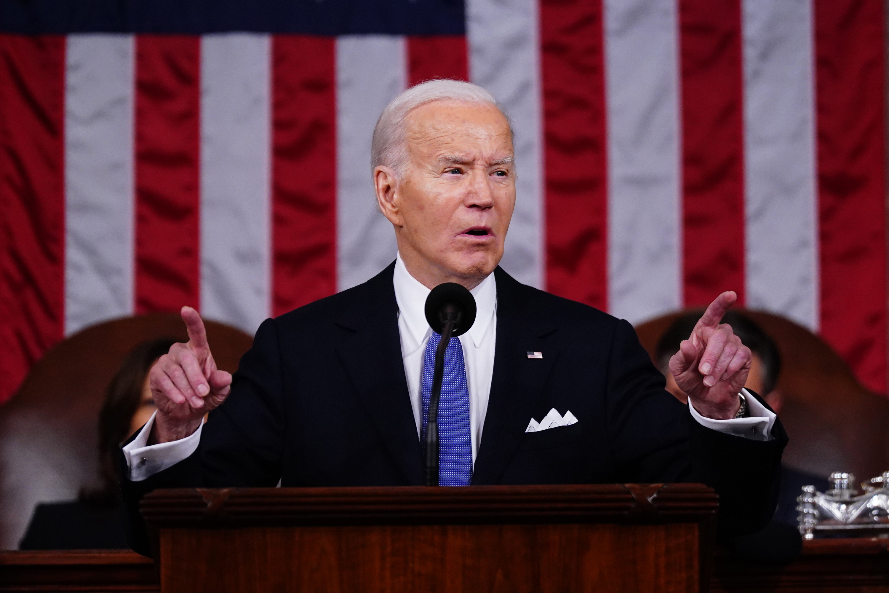 US President Joe Biden speaks during a State of the Union address at the US Capitol in Washington, DC, on March 7.