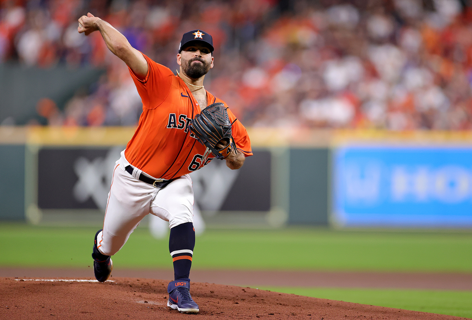 Jose Urquidy of the Houston Astros delivers the pitch against the Atlanta Braves during the first inning in Game Two of the World Series.