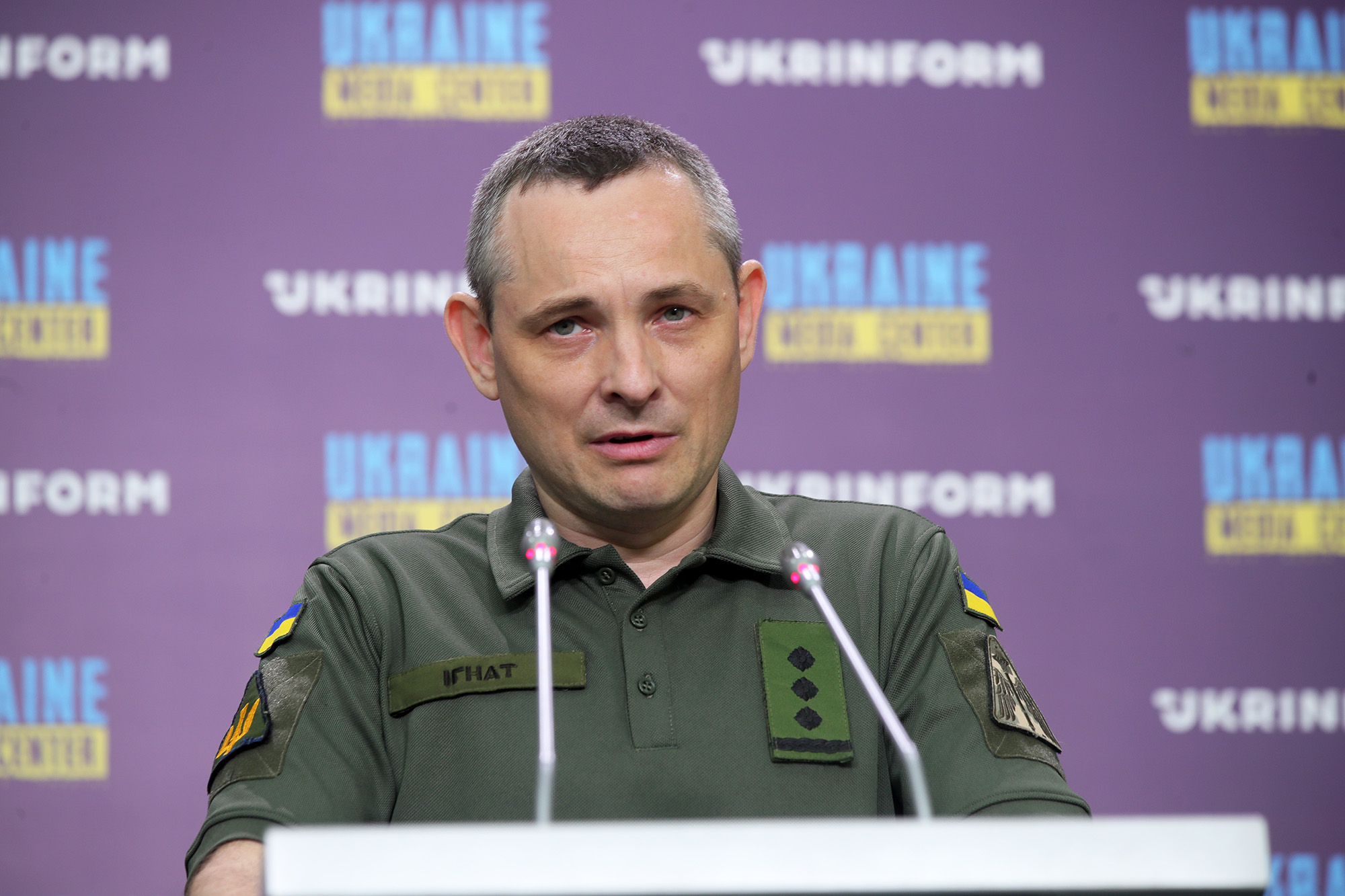 Ukrainian Air Force spokesman Yurii Ihnat holds a briefing at the Ukraine-Ukrinform media center in Kyiv, Ukraine, on June 14. 