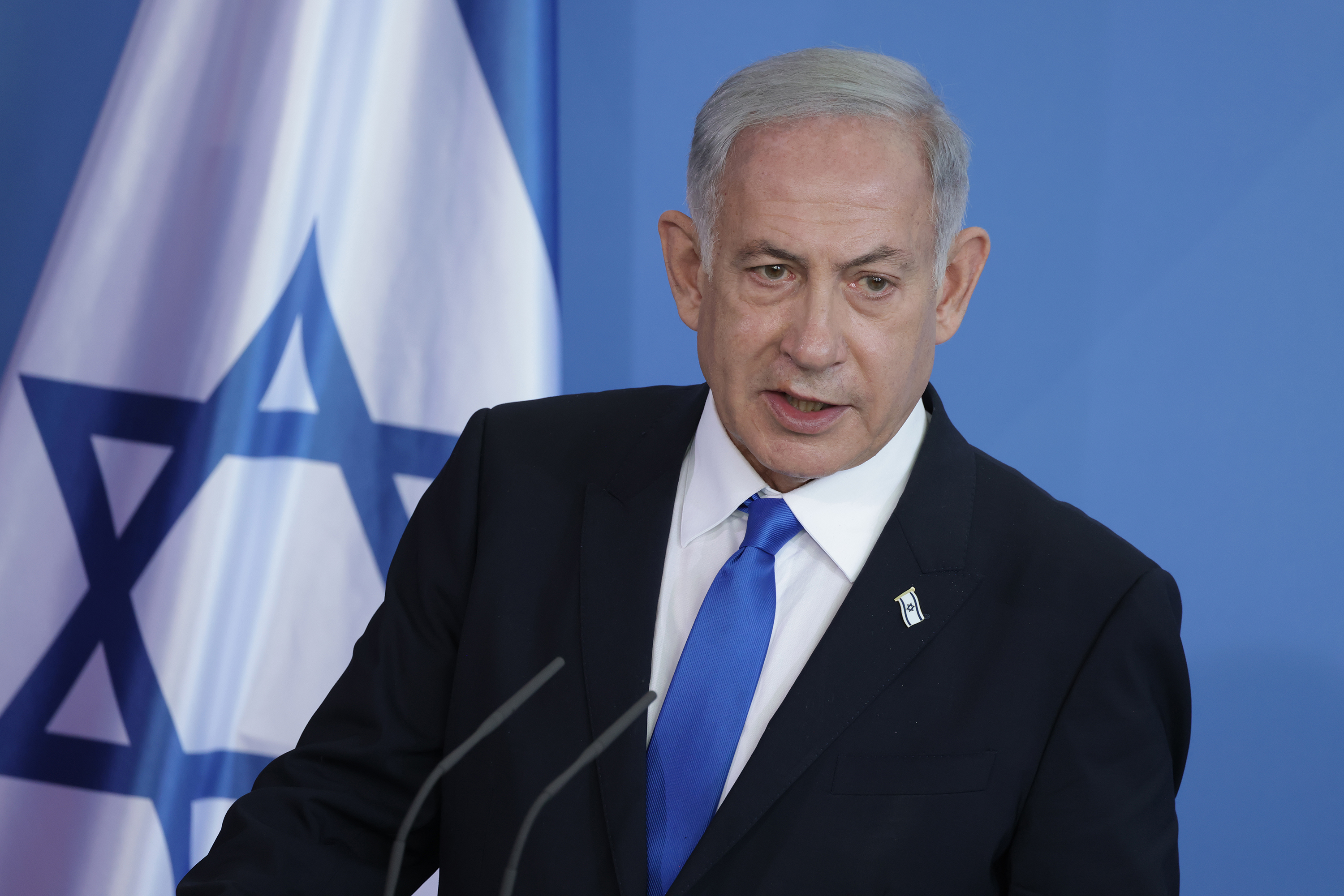 Israeli Prime Minister Benjamin Netanyahu speaks to the media on March 16, 2023, in Berlin, Germany.