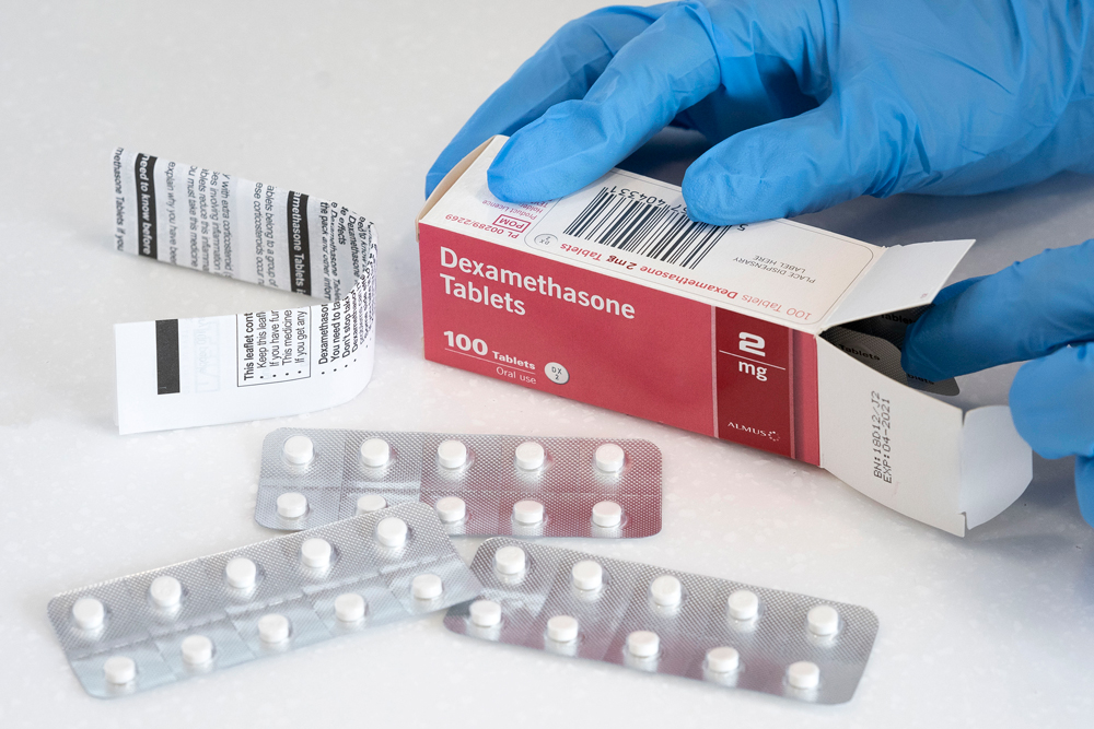 A box of Dexamethasone tablets is seen in a pharmacy on June 16 in Cardiff, United Kingdom.