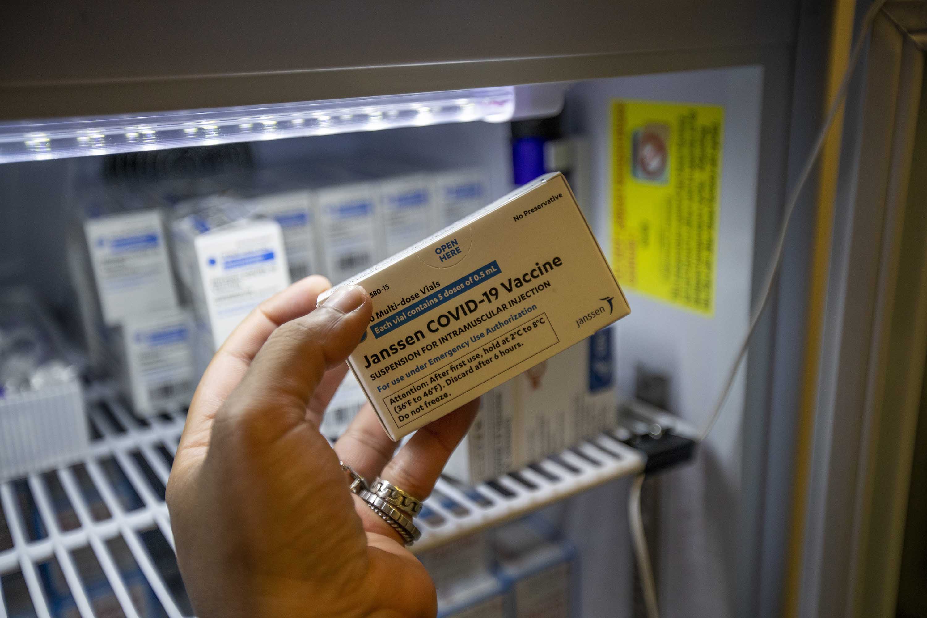 A package of the Johnson & Johnson Covid-19 vaccine is seen at a health center in Los Angeles, California, on April 15. 