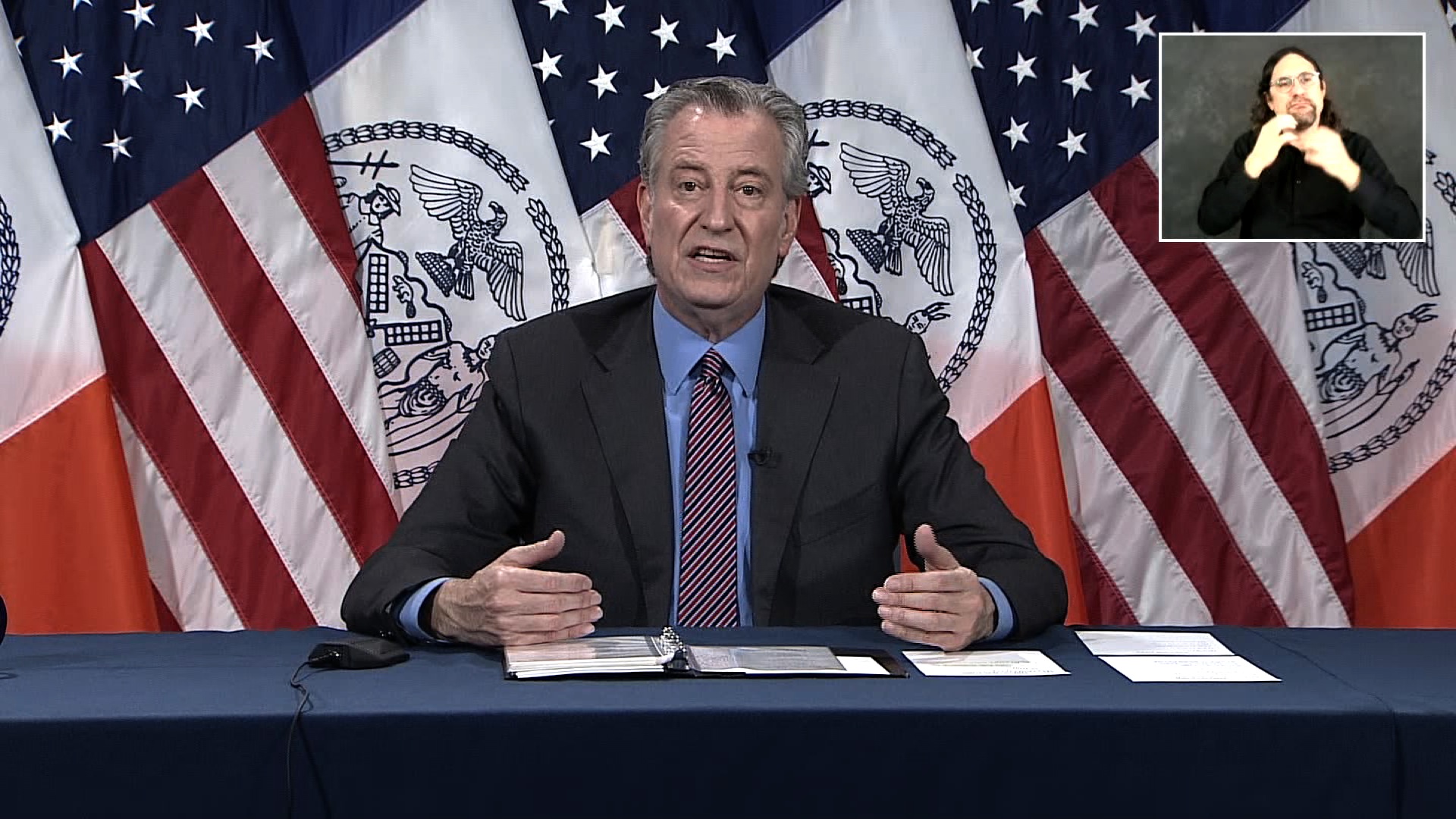 New York City Mayor Bill de Blasio speaks during a press briefing on May 1.