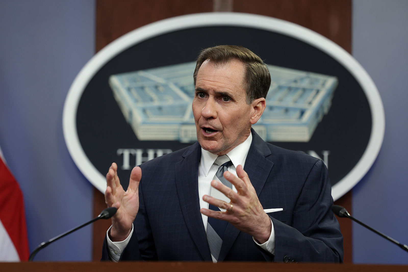 Pentagon Press Secretary John Kirby holds a news briefing at the Pentagon on April 19 in Arlington, Virginia. 