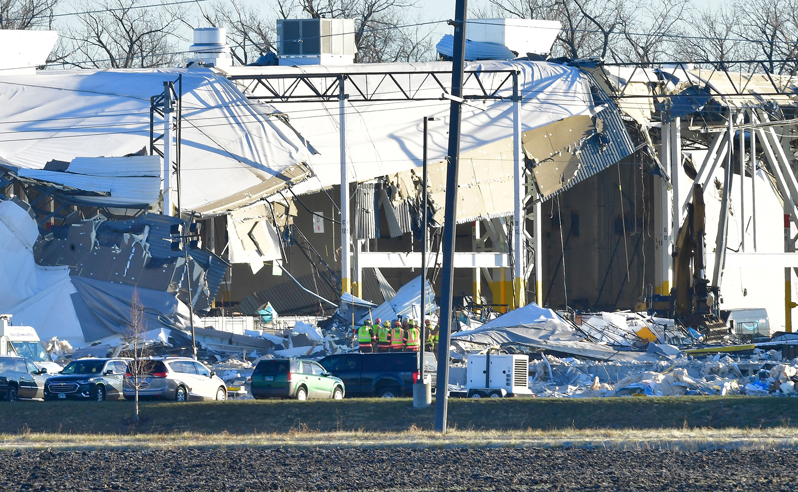 Recovery operations continue after the partial collapse of an Amazon Fulfillment Center in Edwardsville, Illinois on December 12, 2021.