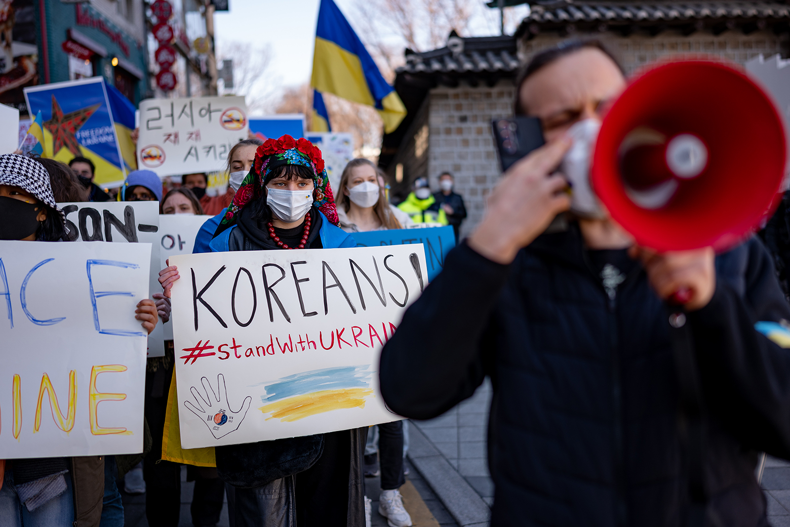 Protesters demonstrate outside of the Russian Embassy in Seoul on February 27, in Seoul, South Korea.
