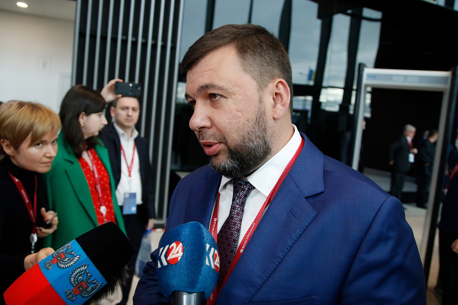 Denis Pushilin, Head of the Donetsk People's Republic speaks to the media in Olenivka on August 10.(Photo by Maksim Konstantinov/SOPA Images/LightRocket via Getty Images)