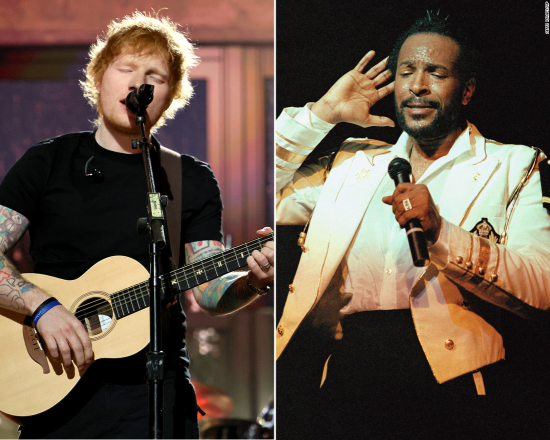 Ed Sheeran (left) performs on stage during the 37th Annual Rock & Roll Hall of Fame Induction Ceremony at Microsoft Theater on November 5, 2022 in Los Angeles, California. Marvin Gaye (right) performs on opening night at Radio City Music Hall in New York, on May 17, 1983.