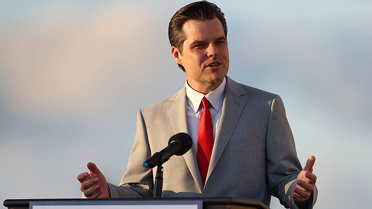 Rep. Matt Gaetz speaks during the "Save America Summit" at the Trump National Doral golf resort on April 09, in Doral, Florida. 