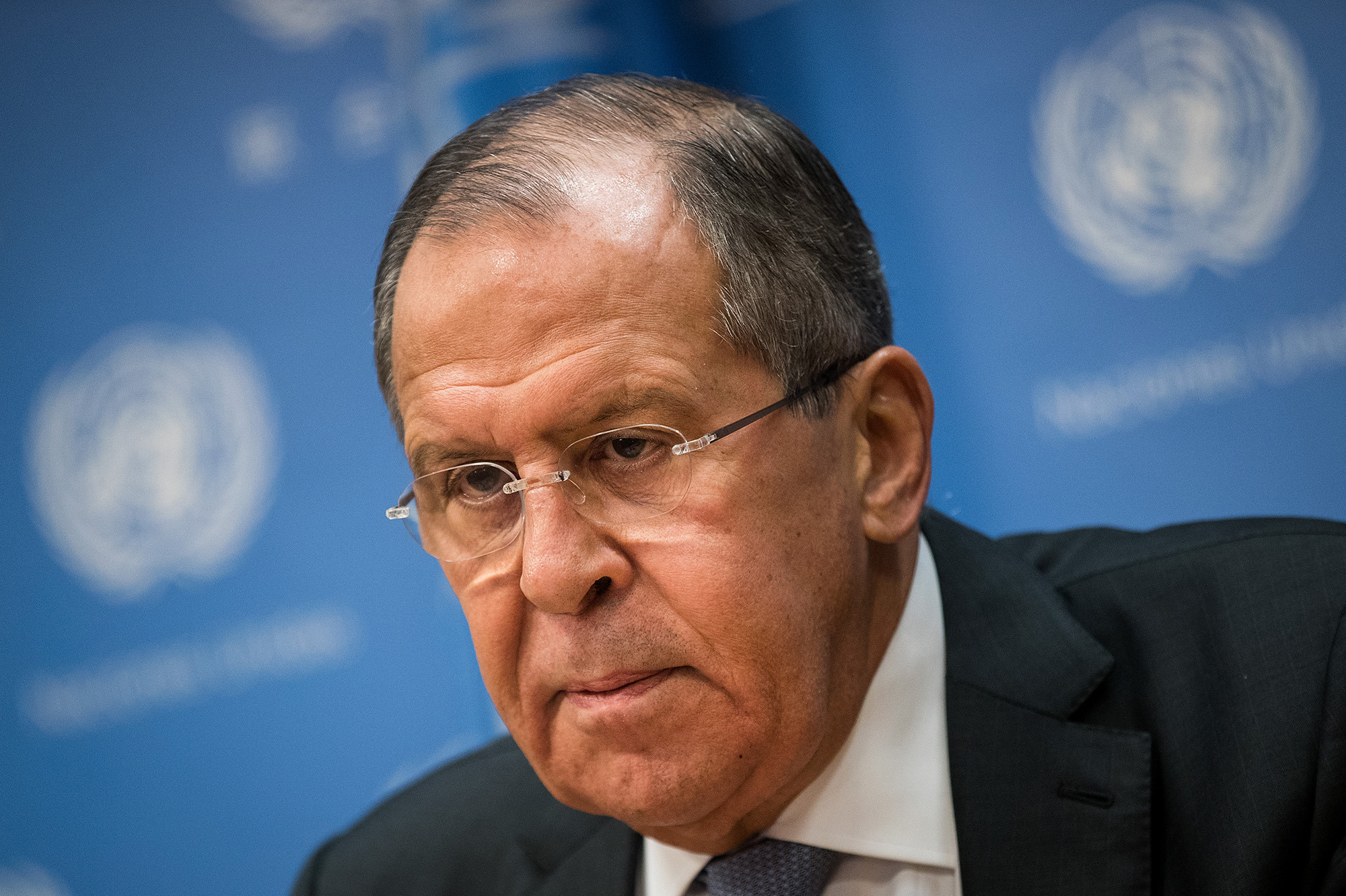 Russian Foreign Minister Sergey Lavrov speaks during a news conference at United Nations headquarters on January 19, 2018.