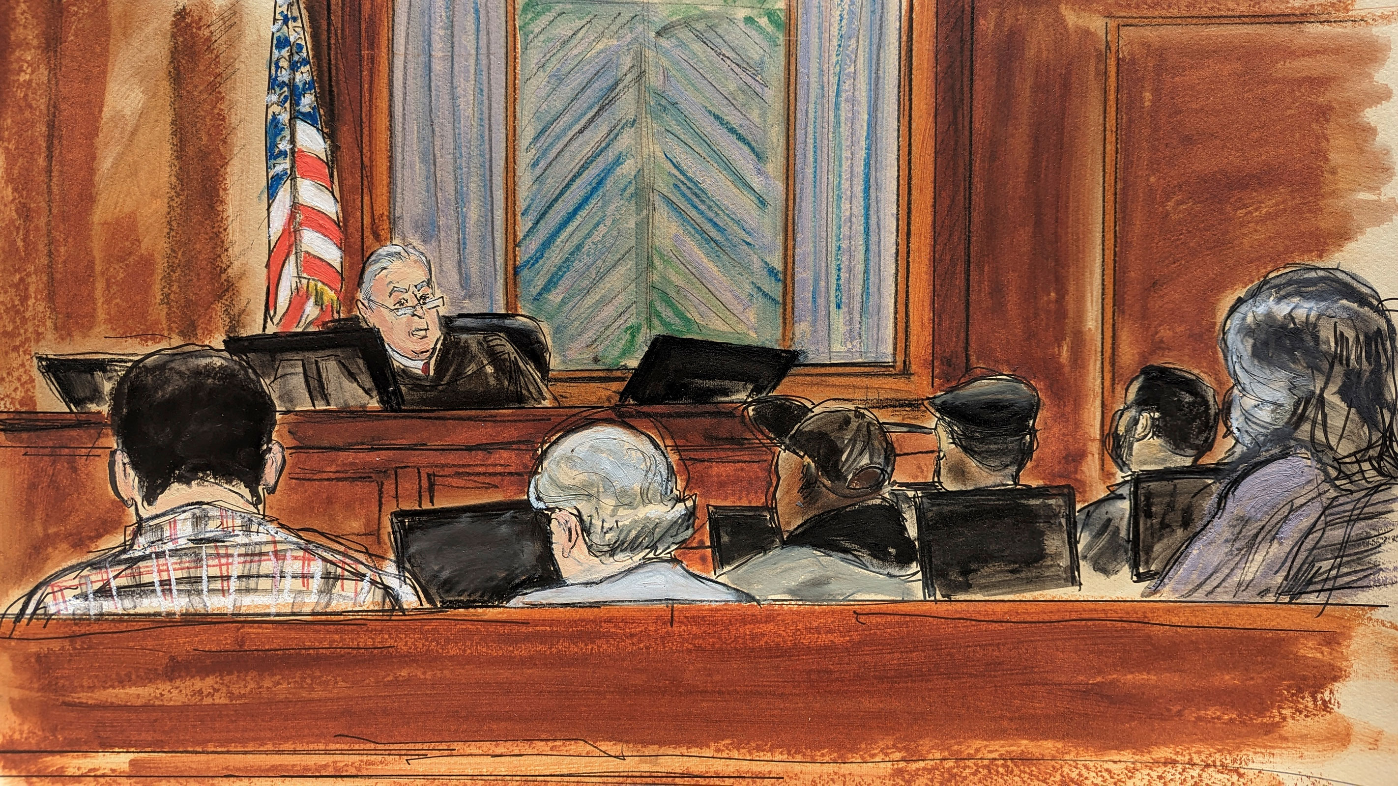 In this courtroom sketch, Judge Lewis Kaplan reads the jury instructions prior to their deliberations in Manhattan federal court, Tuesday, May 9.