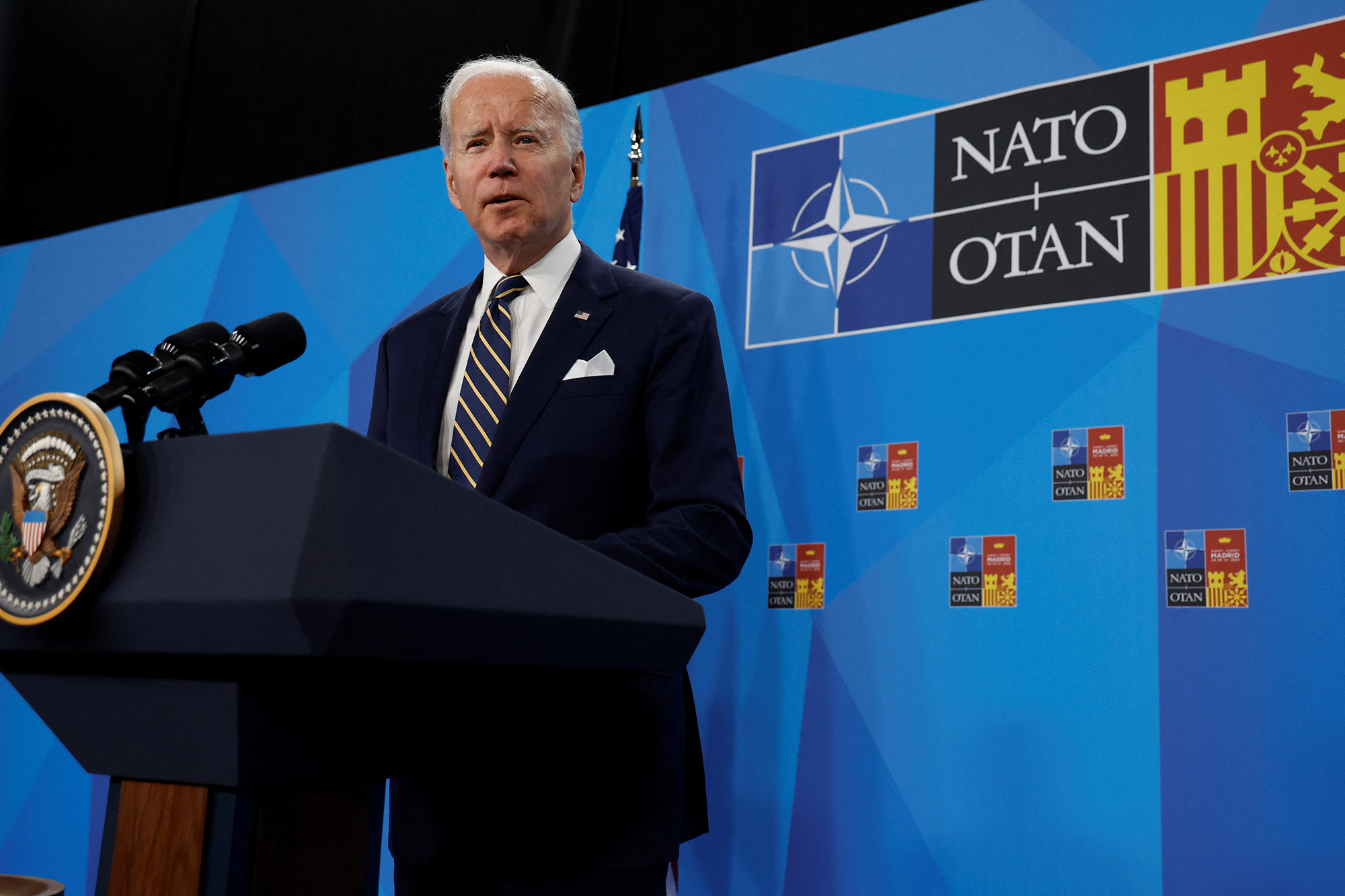 U.S. President Joe Biden holds a news conference before departing the NATO summit at the IFEMA arena in Madrid, Spain, on June 30.