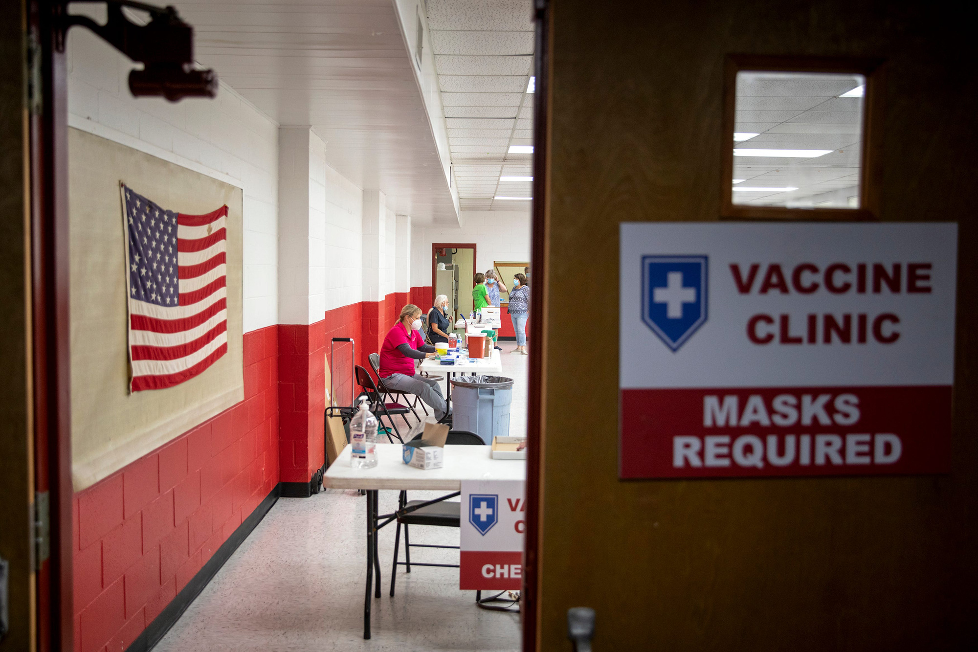 Deb Tibbetts, a registered nurse with the Franklin County Health Department, waits for patients at the temporary vaccination clinic at the Laurel Community Center near Cincinnati, Ohio, on Monday, June 7.