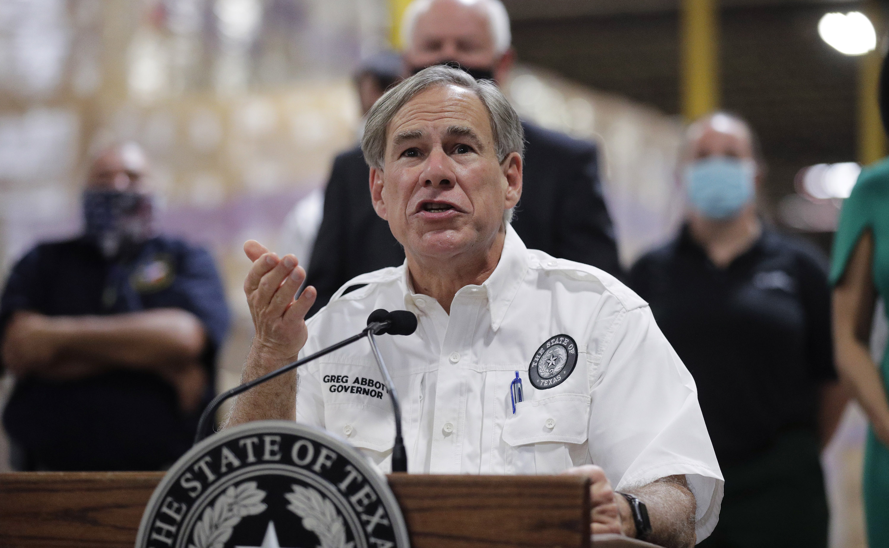 Gov. Greg Abbott speaks to the media during a visit to a Texas Division of Emergency Management Warehouse in San Antonio, Texas, on Tuesday, August 4. 