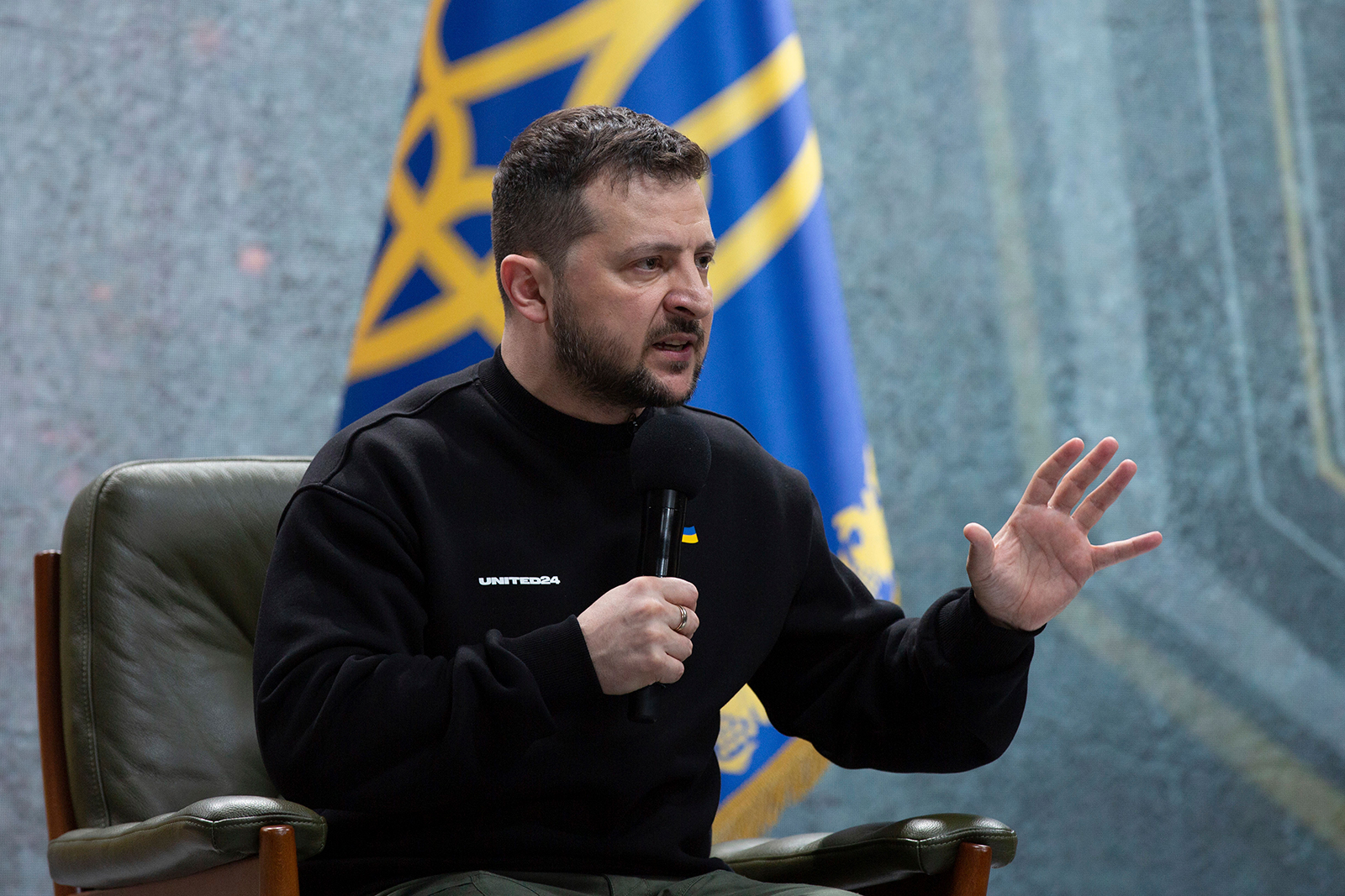 Volodymyr Zelenskiy attends a news conference in Kyiv on February 24.