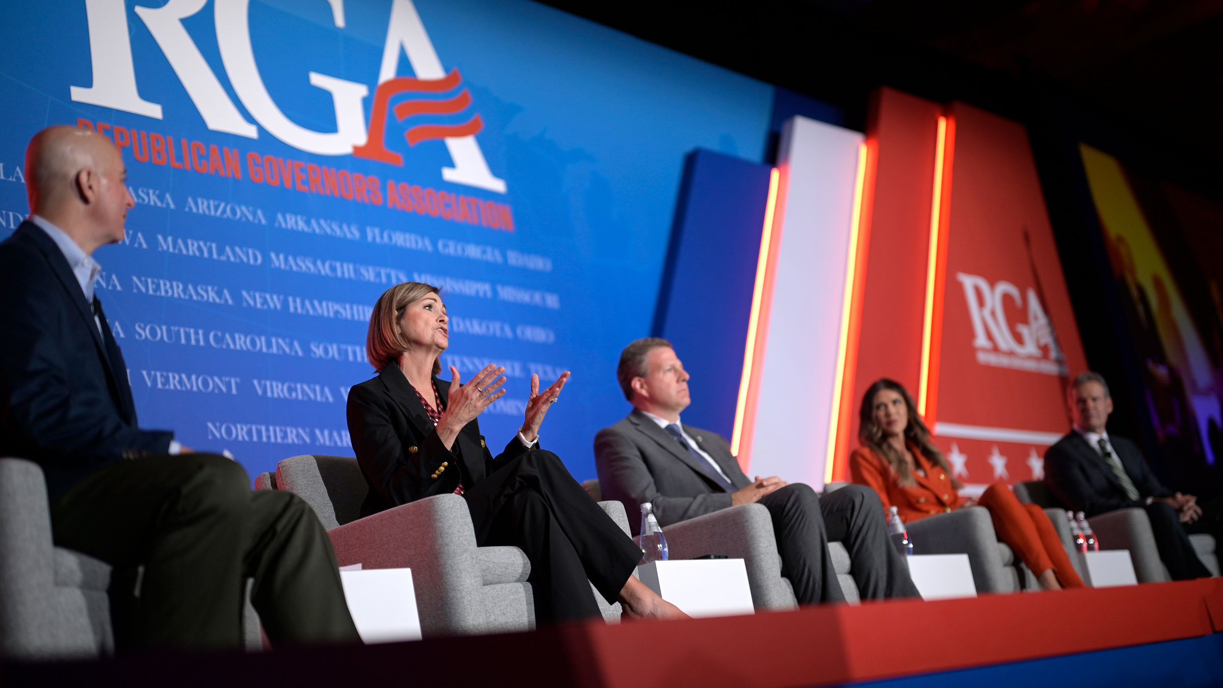 Iowa Gov. Kim Reynolds, second from left, answers a question Tuesday during a panel discussion that was held at a Republican Governors Association conference in Orlando. With her, from left, are Nebraska Gov. Pete Ricketts, New Hampshire Gov. Chris Sununu, South Dakota Gov. Kristi Noem and Tennessee Gov. Bill Lee.