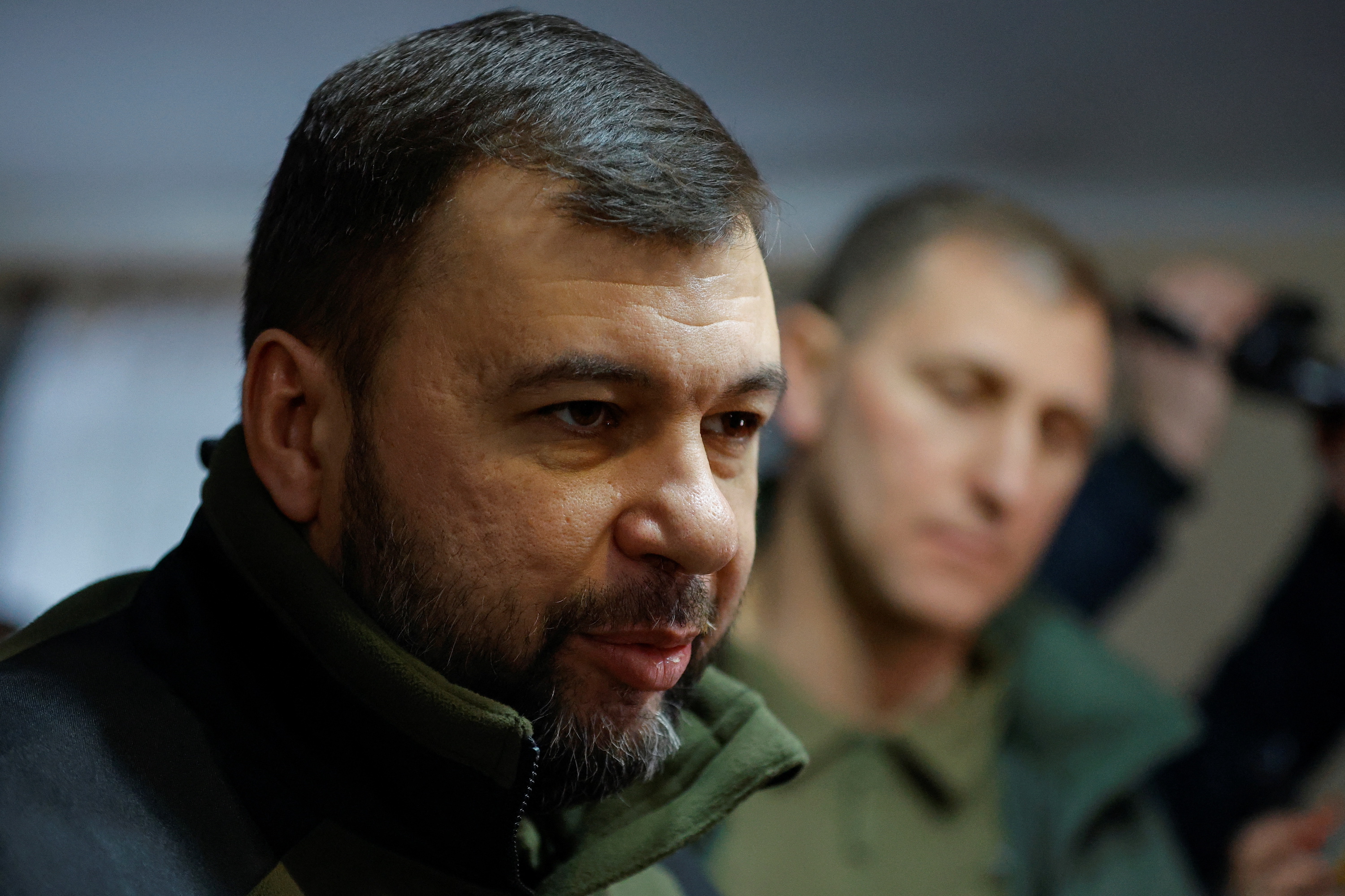 Denis Pushilin, Moscow-installed acting leader of the Russian-controlled parts of Ukraine's Donetsk region, meets with civilians evacuated from the salt-mining town of Soledar in the course of Russia-Ukraine conflict at a temporary accommodation centre located in a local dormitory in Shakhtarsk (Shakhtyorsk), Russian-controlled Ukraine on January 14, 2023.