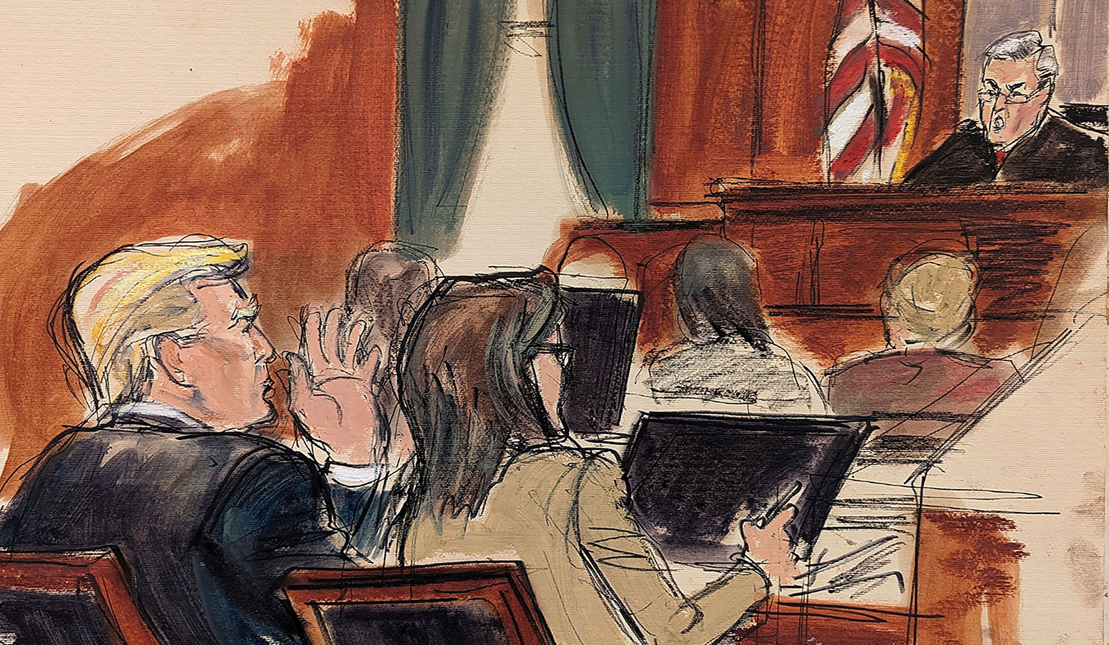 A courtroom sketch shows former Donald Trump being admonished by Judge Lewis Kaplan, in Federal Court, on Wednesday, January 17