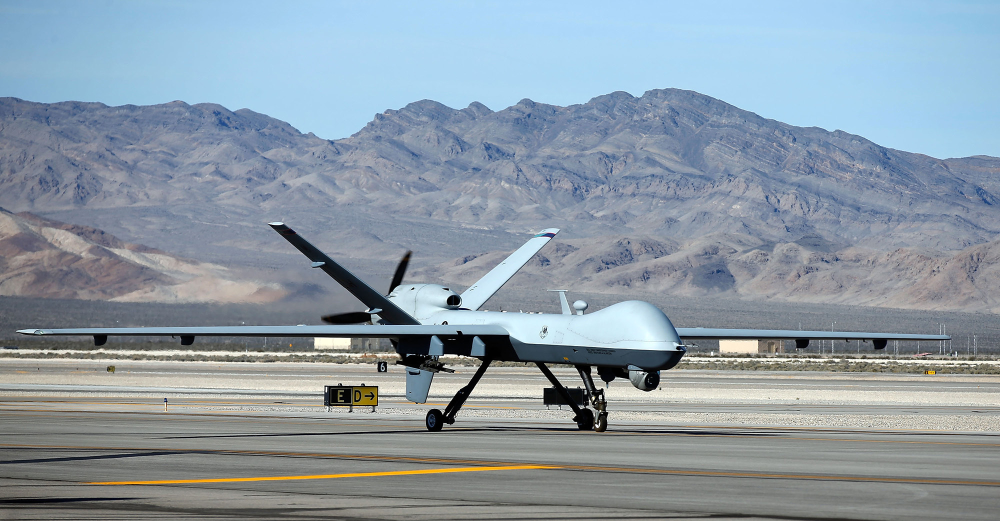 An MQ-9 Reaper remotely piloted aircraft (RPA) hovers during a training mission at Creech Air Force Base November 17, 2015, in Indian Springs, Nevada. 