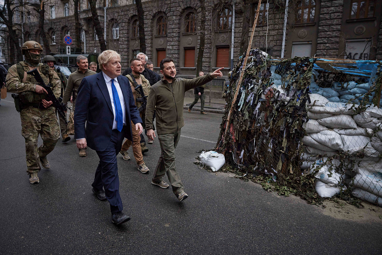 Britain's Prime Minister Boris Johnson, center left, and Ukrainian President Volodymyr Zelenskyy, center, walk in downtown Kyiv, Ukraine, on April 9.