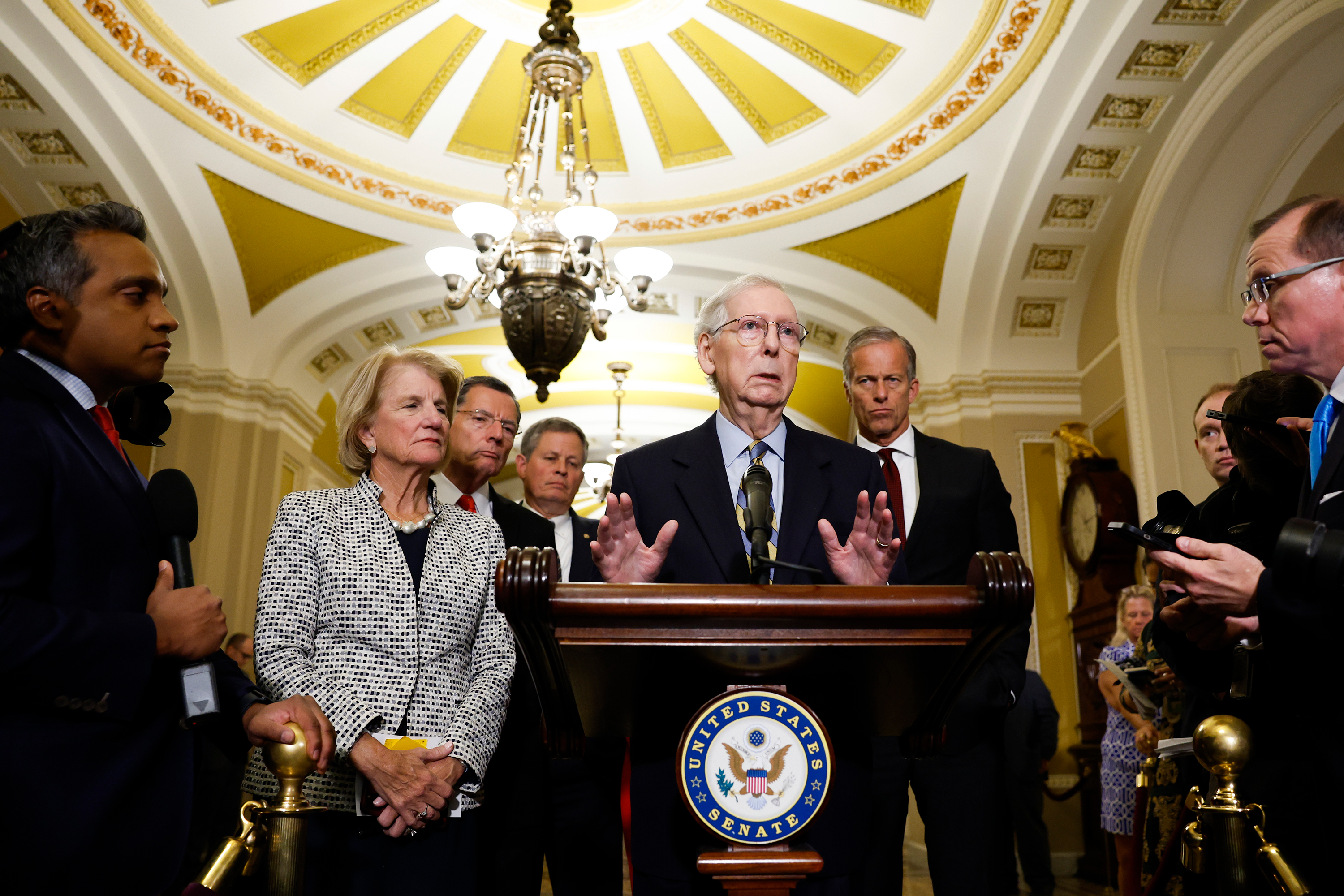 Mitch McConnell speaks during a news conference following the weekly Republican Senate policy luncheon meeting at the Capitol Building on September 19, in Washington, DC.