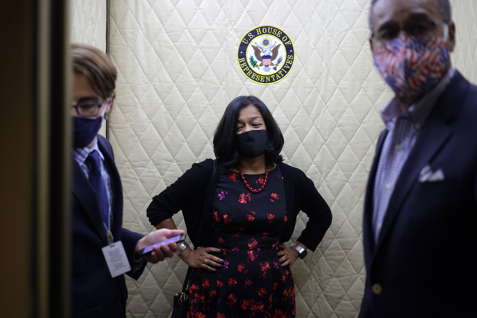 Rep. Pramila Jayapal, center, departs after a meeting with House Democrats at the US Capitol on September 27.