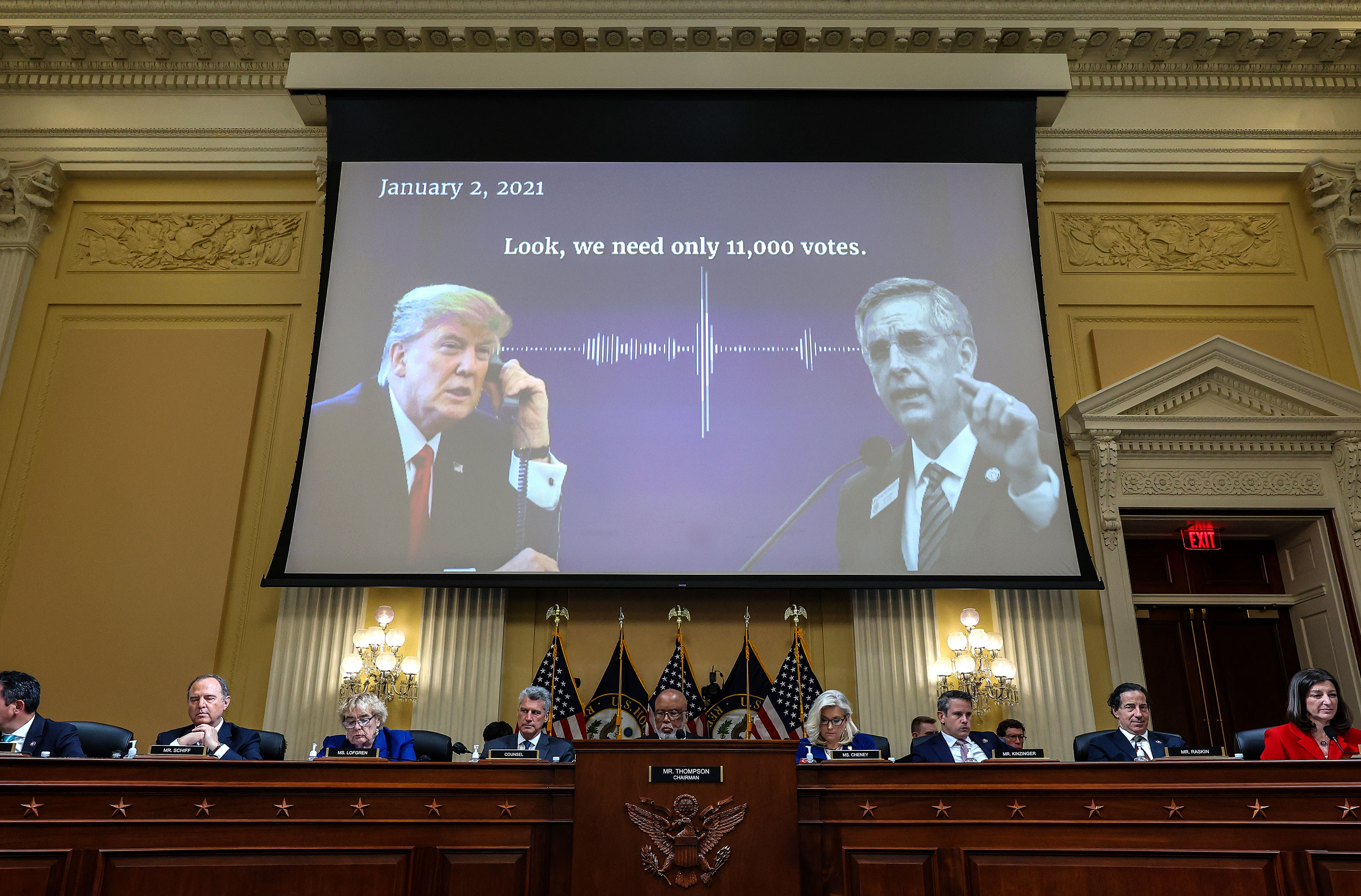 An audio recording of former President Donald Trump talking to Georgia Secretary of State Brad Raffensperger is played during a hearing by the House Select Committee to Investigate the January 6th Attack on the US Capitol in October 2022.