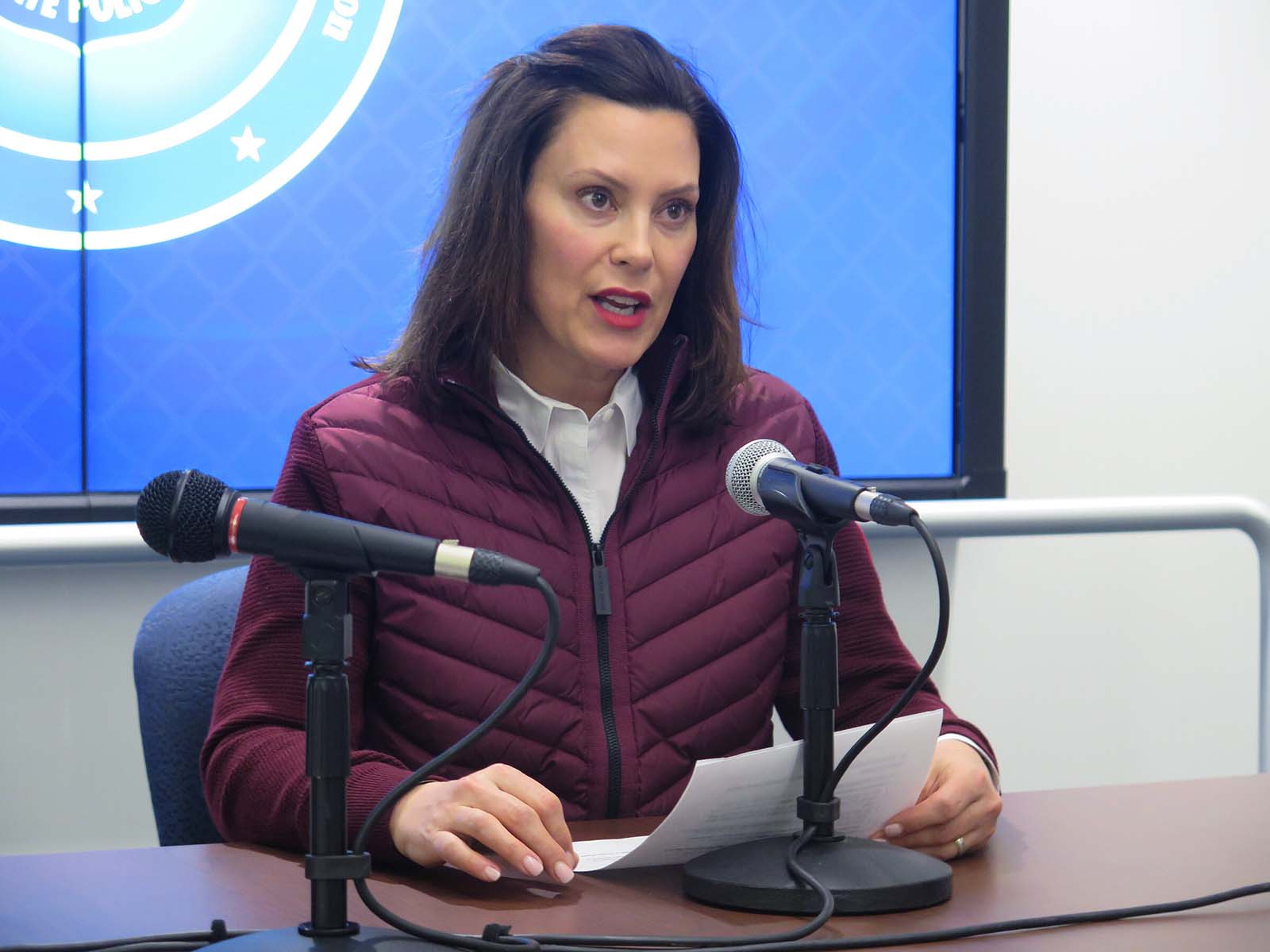 Michigan Gov. Gretchen Whitmer speaks about coronavirus cases during a press conference at the Michigan State Police headquarters in Windsor Township, Michigan, on March 10.