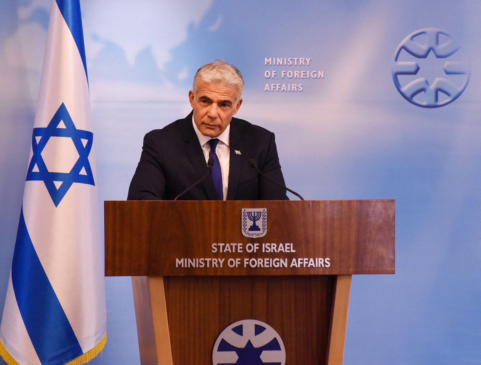 Israeli Foreign Minister Yair Lapid speaks during a press briefing at the Foreign Ministry in Jerusalem, Israel, on April 24.