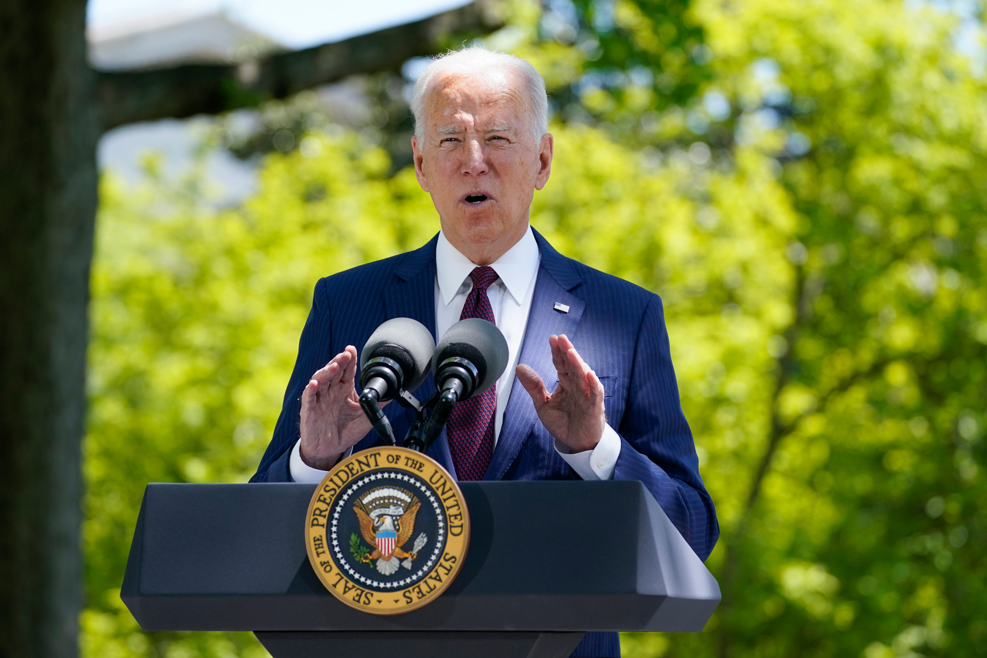 President Joe Biden speaks about COVID-19, on the North Lawn of the White House on April 27 in Washington, DC.