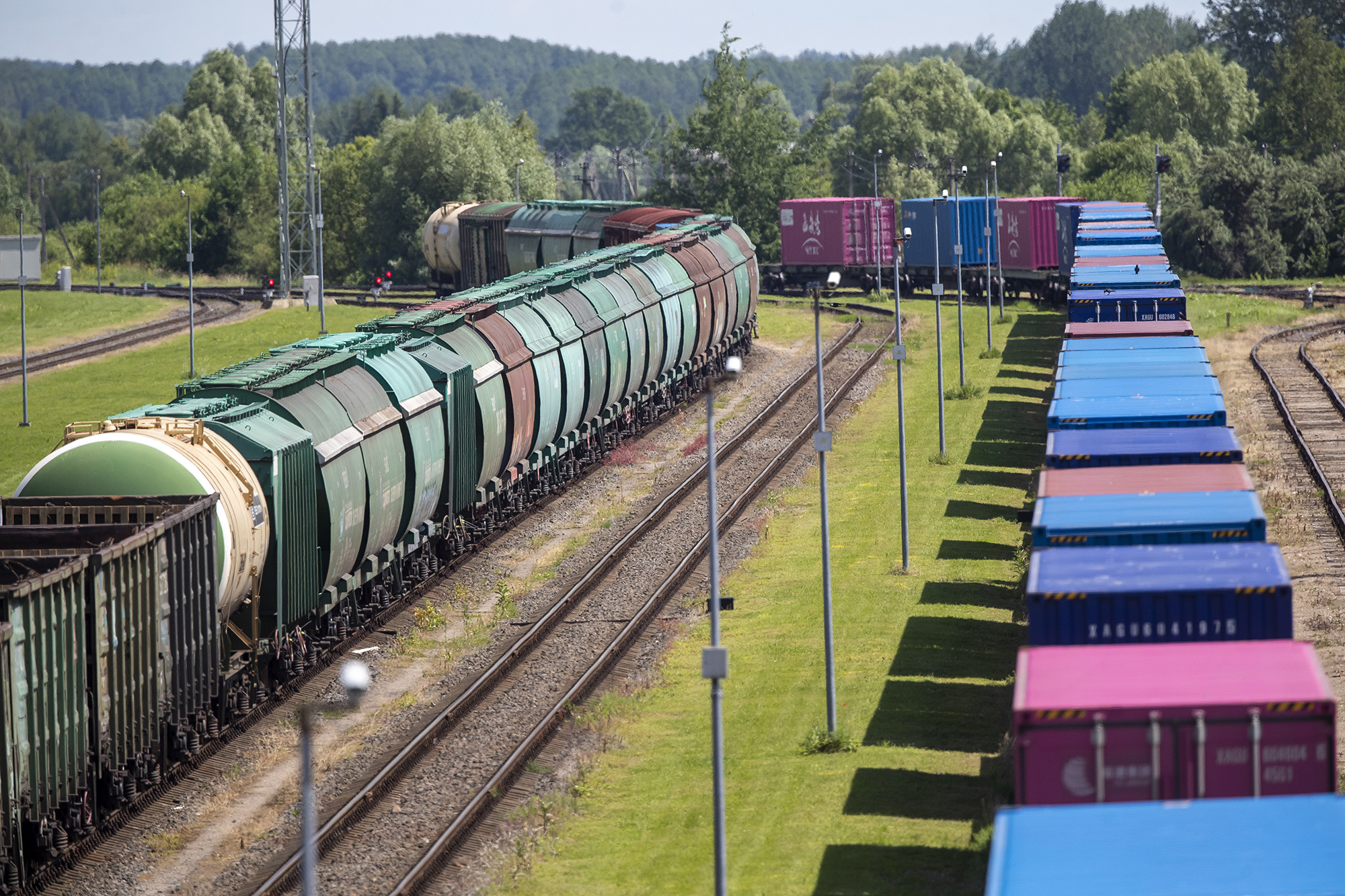 Freight train cars from the Russian enclave of Kaliningrad are seen at the border railway station in Kybartai, some 200 kms (124 miles) west of the capital Vilnius, Lithuania, on June 22.