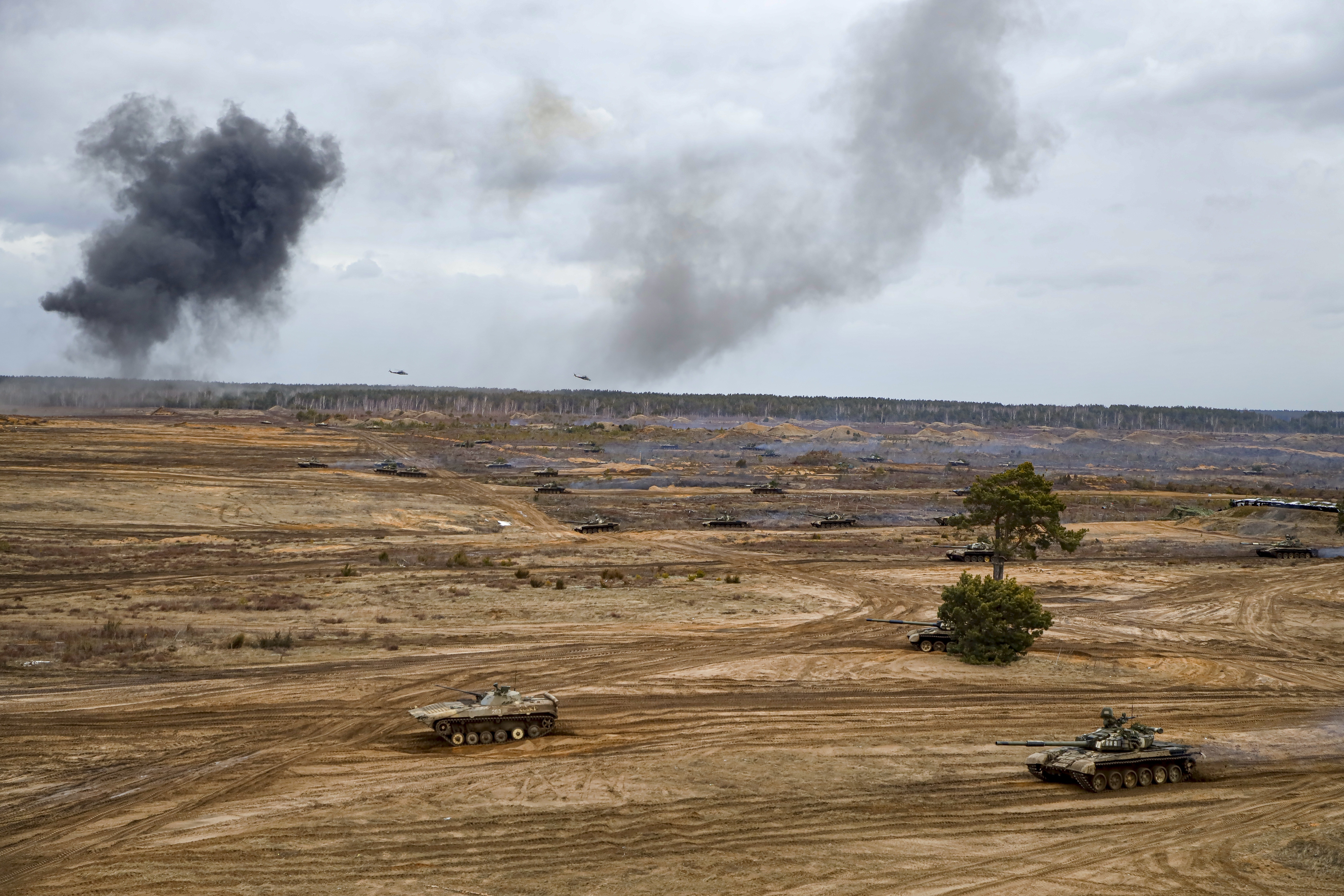 Russia and Belarus military train during drills in Belarus, on Saturday, Feb. 19. 