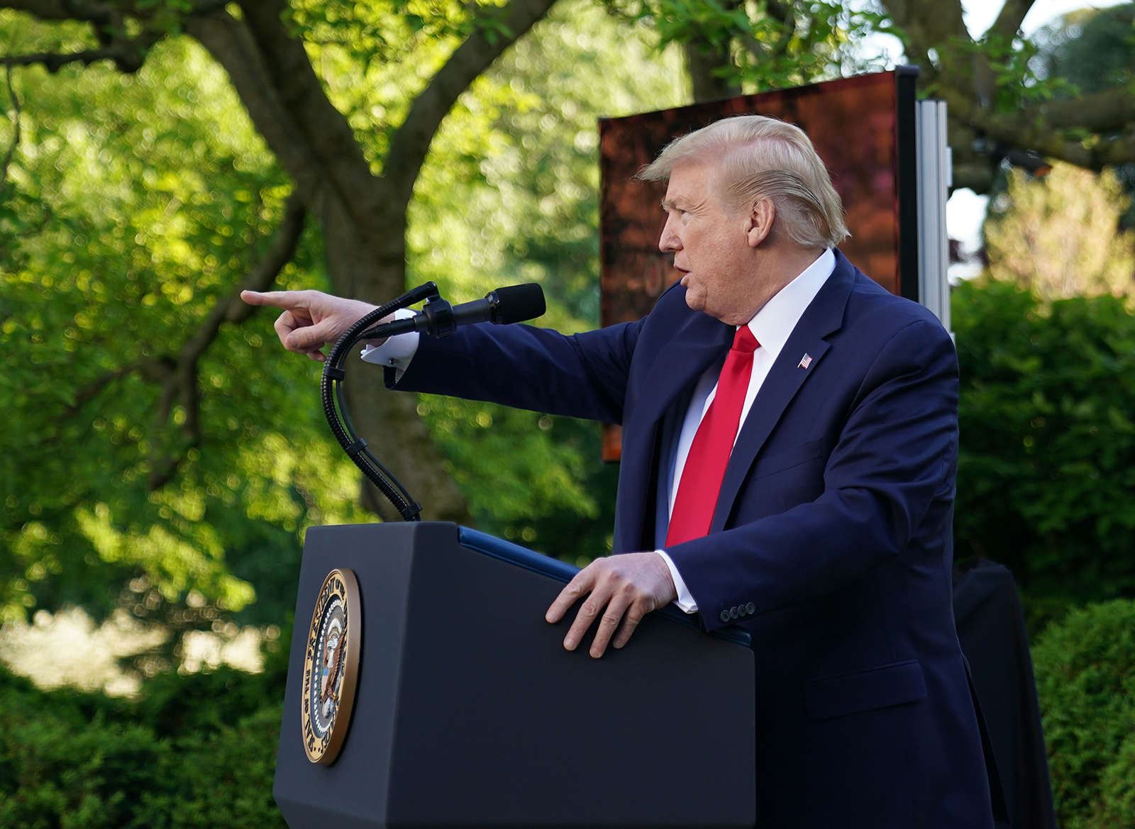 President Donald Trump speaks during a news conference on Covid-19, in the Rose Garden of the White House in Washington, DC on April 27.