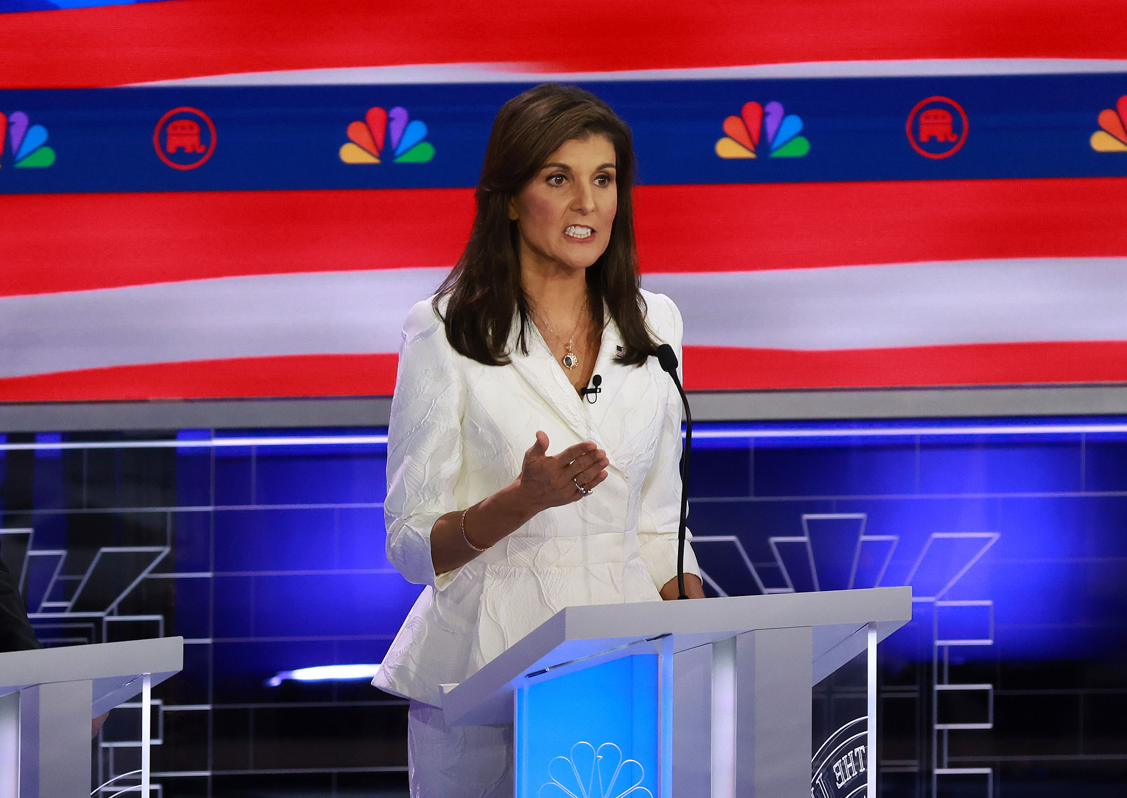 Nikki Haley speaks during the NBC News Republican Presidential Primary Debate at the Adrienne Arsht Center for the Performing Arts of Miami-Dade County on November 8, in Miami, Florida. 