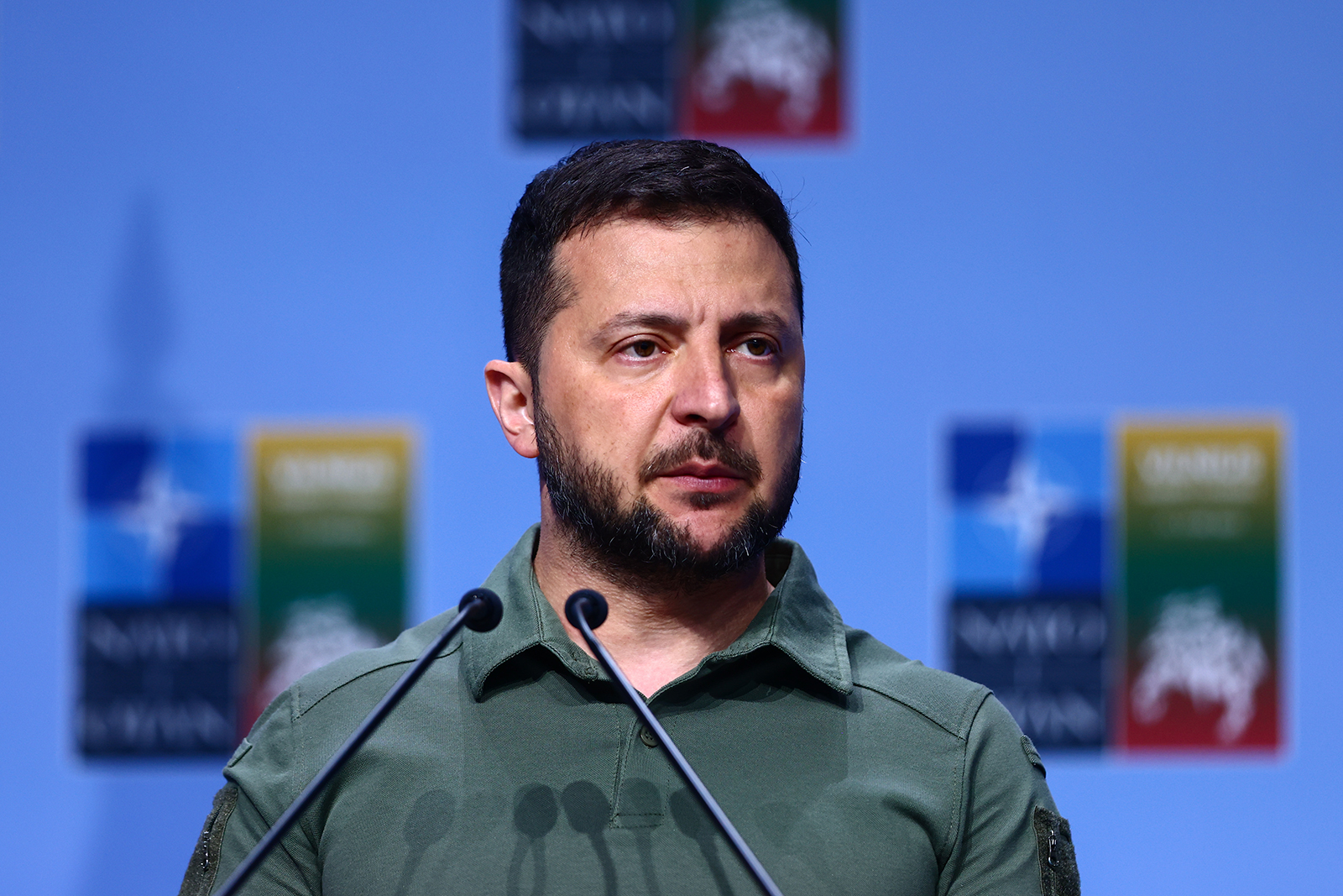 Volodymyr Zelenskyy speaks during a press conference in Vilnius, Lithuania on July 12.