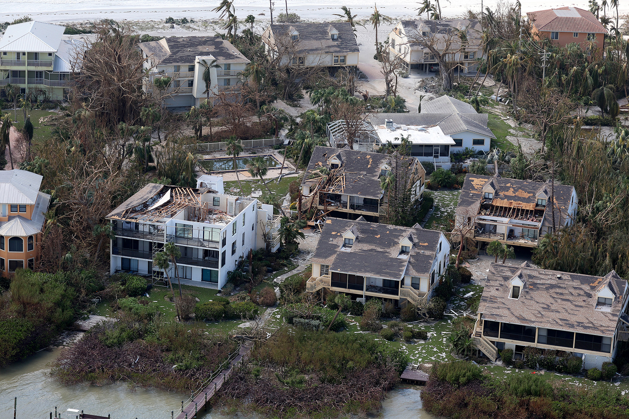 An aerial view of homes show damage after Hurricane Ian passed through Sanibel, Florida on September 29.
